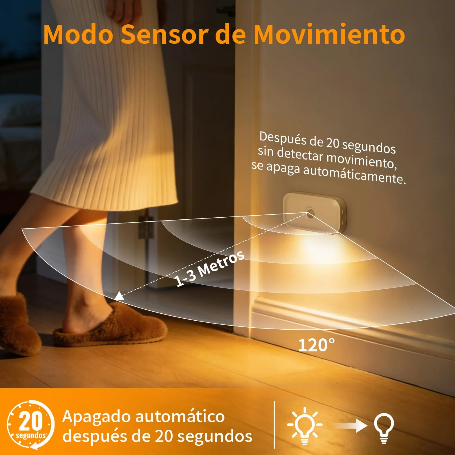 Luz Nocturna con Sensor de Movimiento Recargable 4 Piezas Blanco Cálido 3 Modos Auto Off Night Brillo Ajustable para Niños Pasillo Escaleras Dormitorio