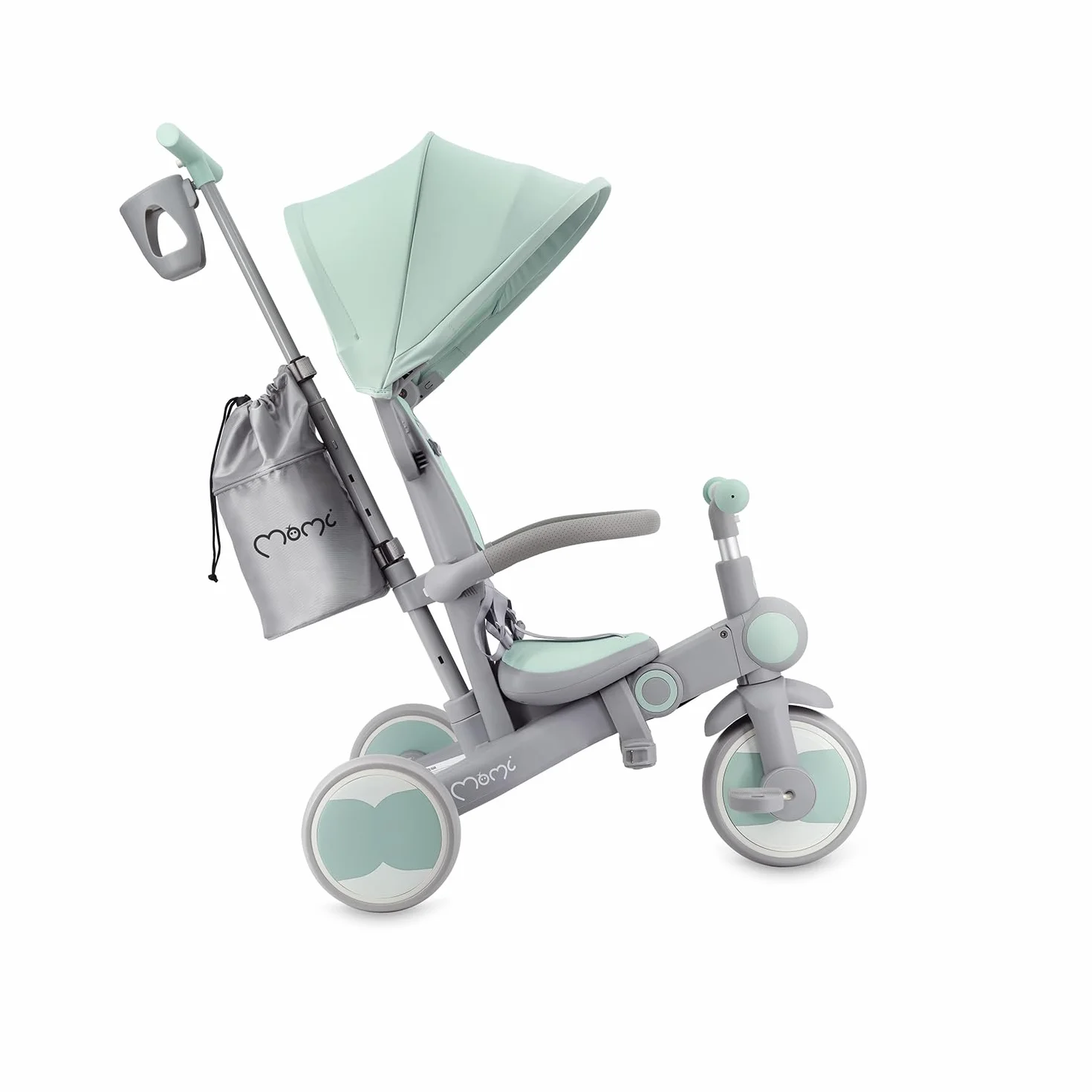 Triciclo Infantil MoMi 4 en 1 SOLIVIA con Mango telescópico, arnés de 5 Puntos, para niños a Partir de 12 Meses, con Capota Que Protege del Sol, Ruedas de PU, Bolsa y portavasos
