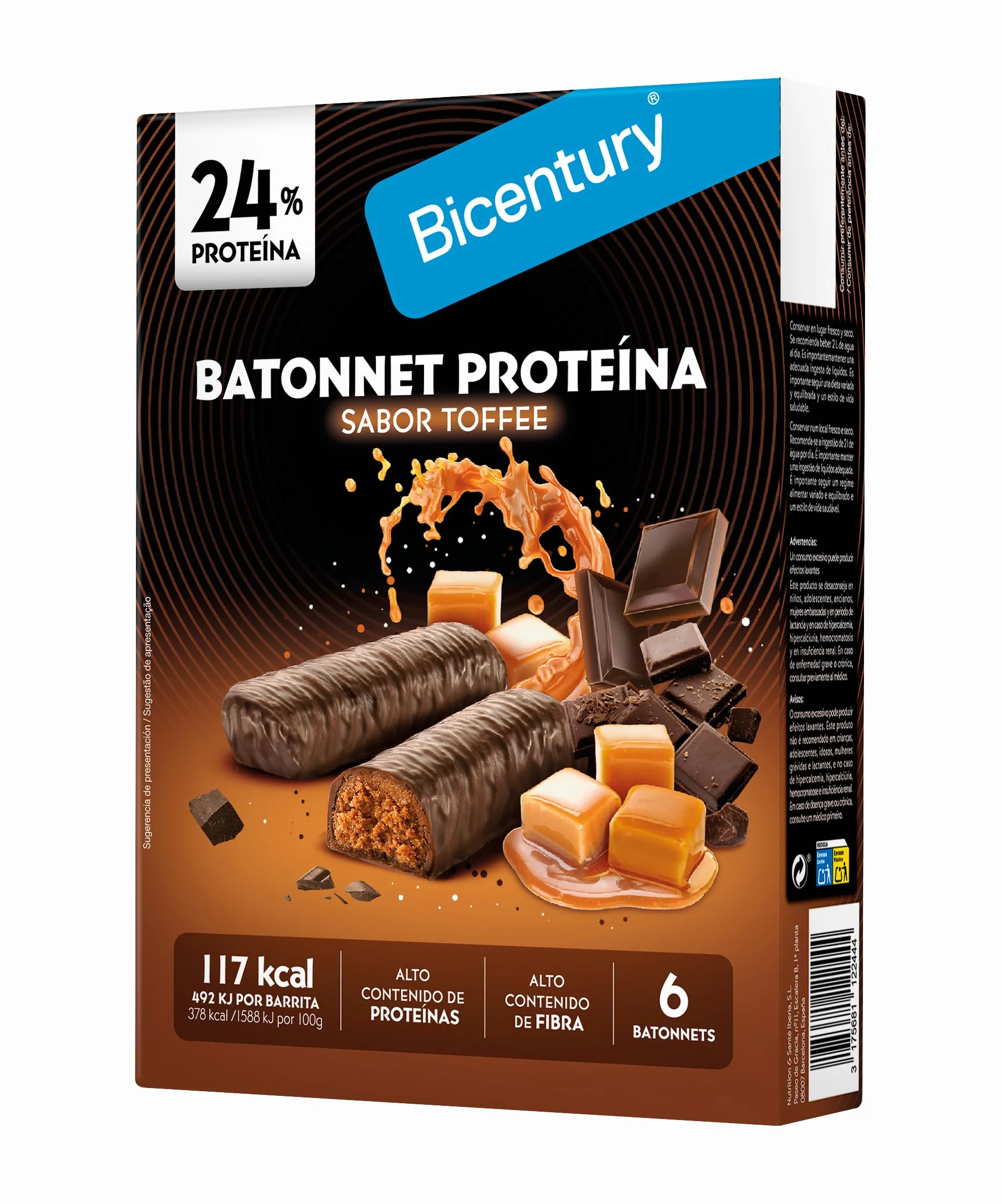 Bicentury Barritas Proteicas Sabor Toffee, 24% Proteína, Alto Contenido en Fibra, 6 Barritas de 31 g, Snack Saludable