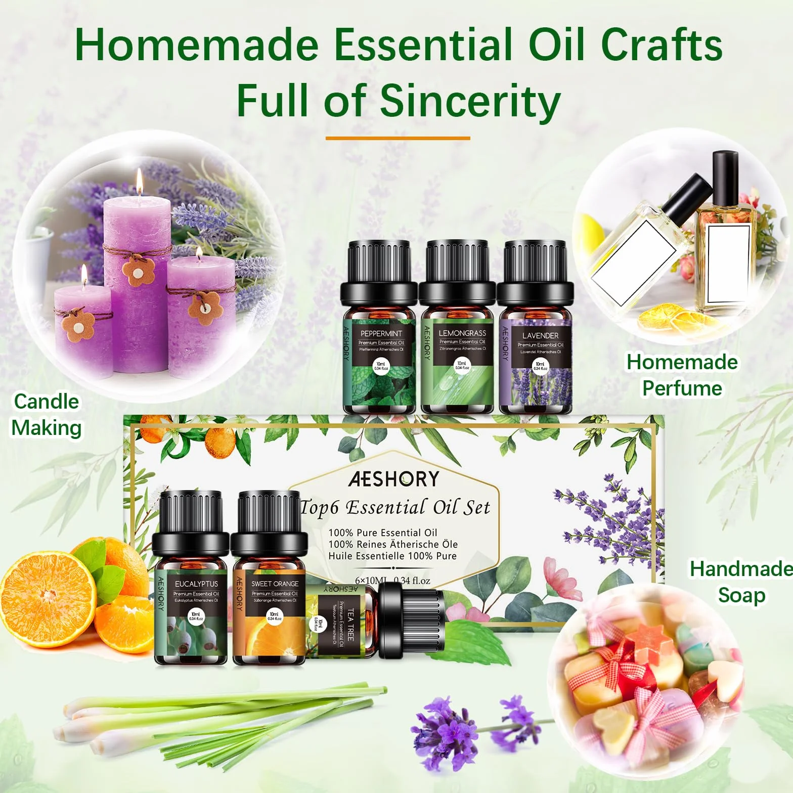 Aceites Esenciales para Humidificador 6 x 10ML, Set de Aceites Aromáticos Naturales para Difusor, Aromaterapia - Lavanda, Menta, Árbol de Té, Eucalipto, Naranja Dulce