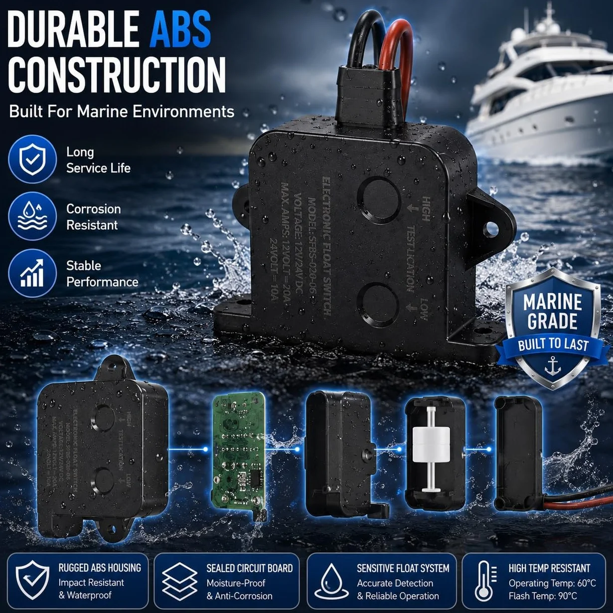 Sensor de bomba de sentina marina 24V Alarma automática Interruptor de flotador Nivel de agua para yates