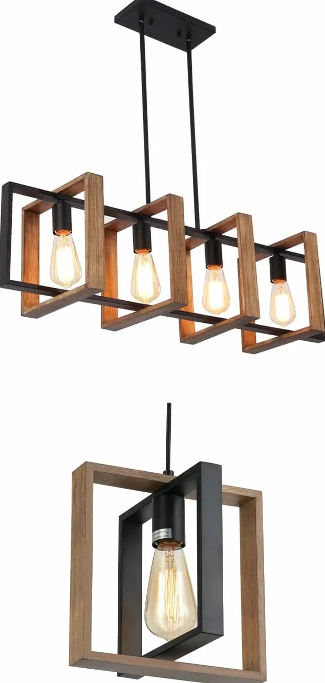 Iluminación de isla de cocina 4 lámparas colgantes modernas negras acabado madera y metal mate