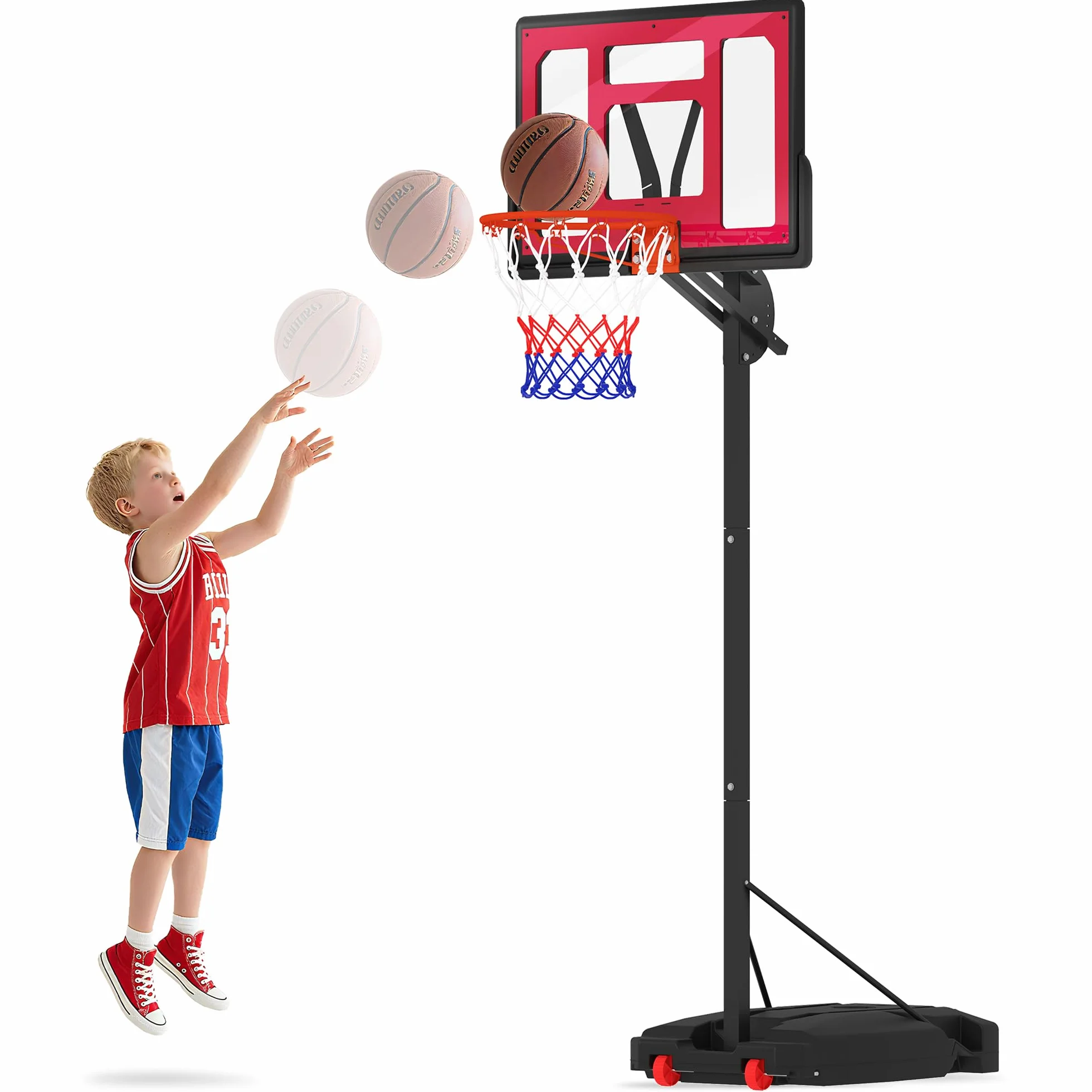 AIYAPLAY Canasta de Baloncesto Portátil Altura Regulable 200-260 cm Base Rellenable con Ruedas Rojo y Negro