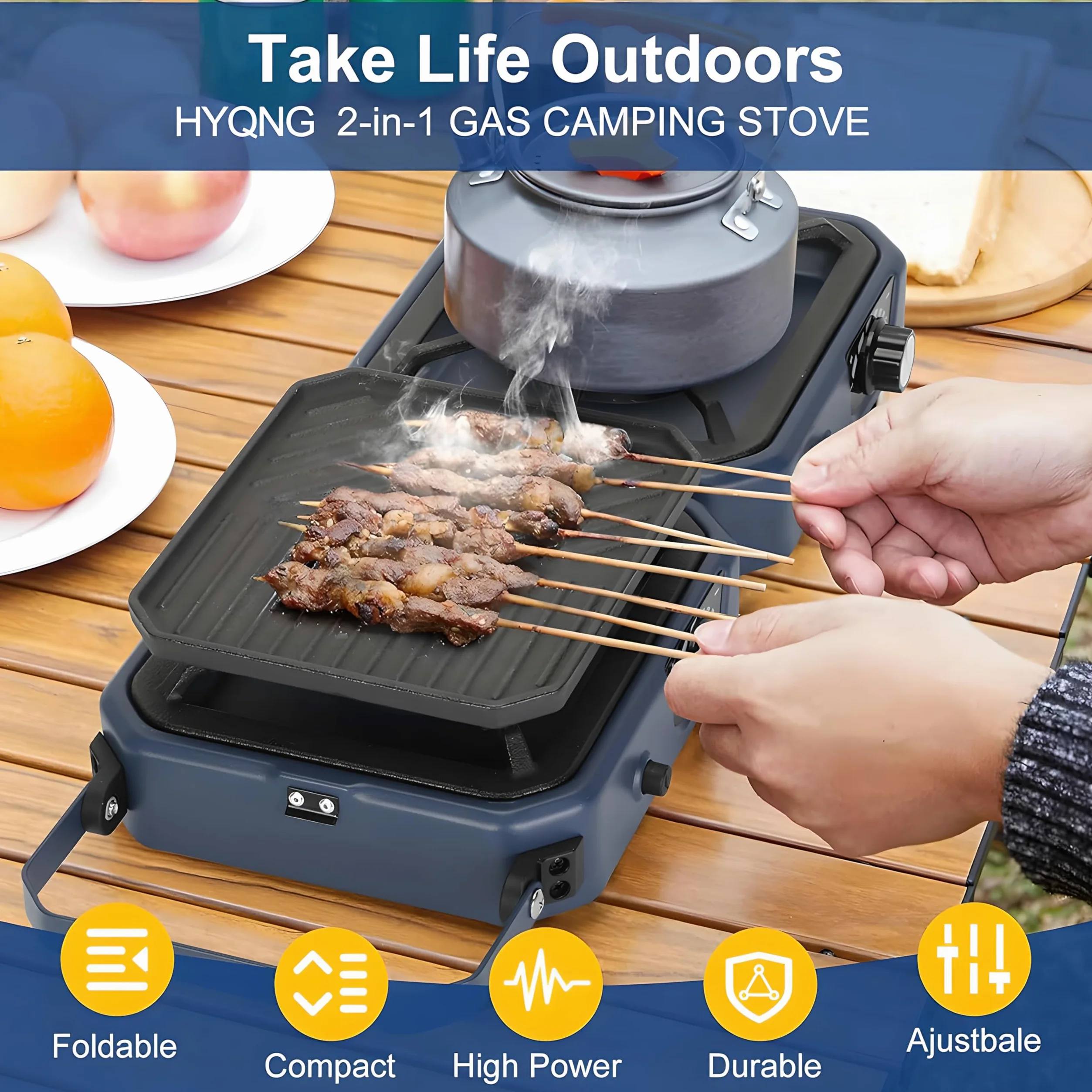 Estufa de camping de gas, parrilla portátil de barbacoa de 2000 W con plancha, quemadores ajustables de 16000 BTU y encendido piezoeléctrico para cocinar al aire libre, fiestas en el jardín y camping