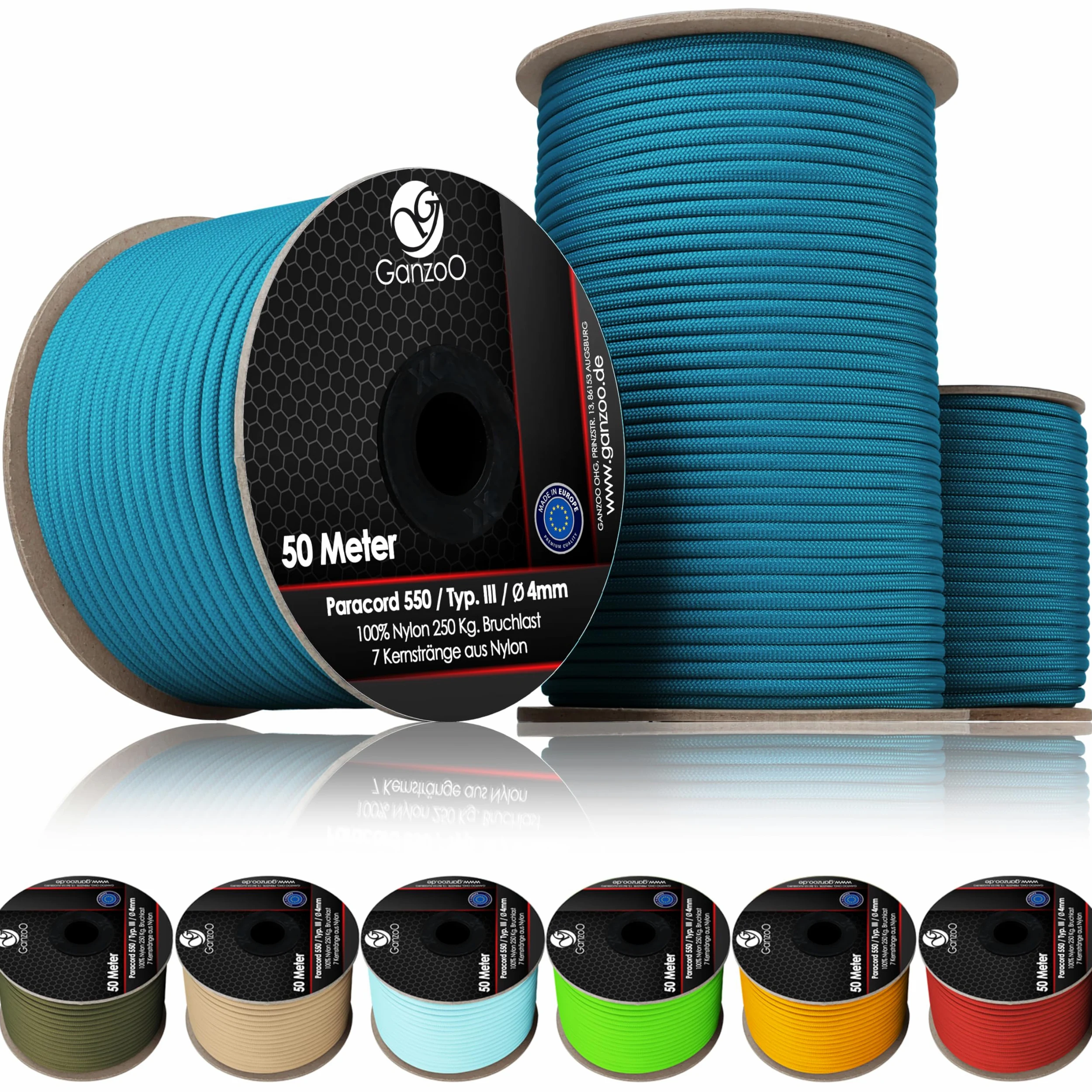 Ganzoo Cuerda Paracord 550 Tipo 3 100% Nailon, Turquesa, 4 mm, Rollo 100 m, 7 Hilos internos y Cubierta Trenzada 32 hebras, para Nudos, Reparar, Atar, Camping, Collar y Correa Perro