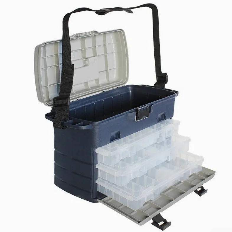 Caja de aparejos de pesca de 3 capas de almacenamiento con separadores ajustables, organizador de pestillo de metal para anzuelos de cebo, señuelos, estuche portátil de larga duración 20 x 19,5 x 41