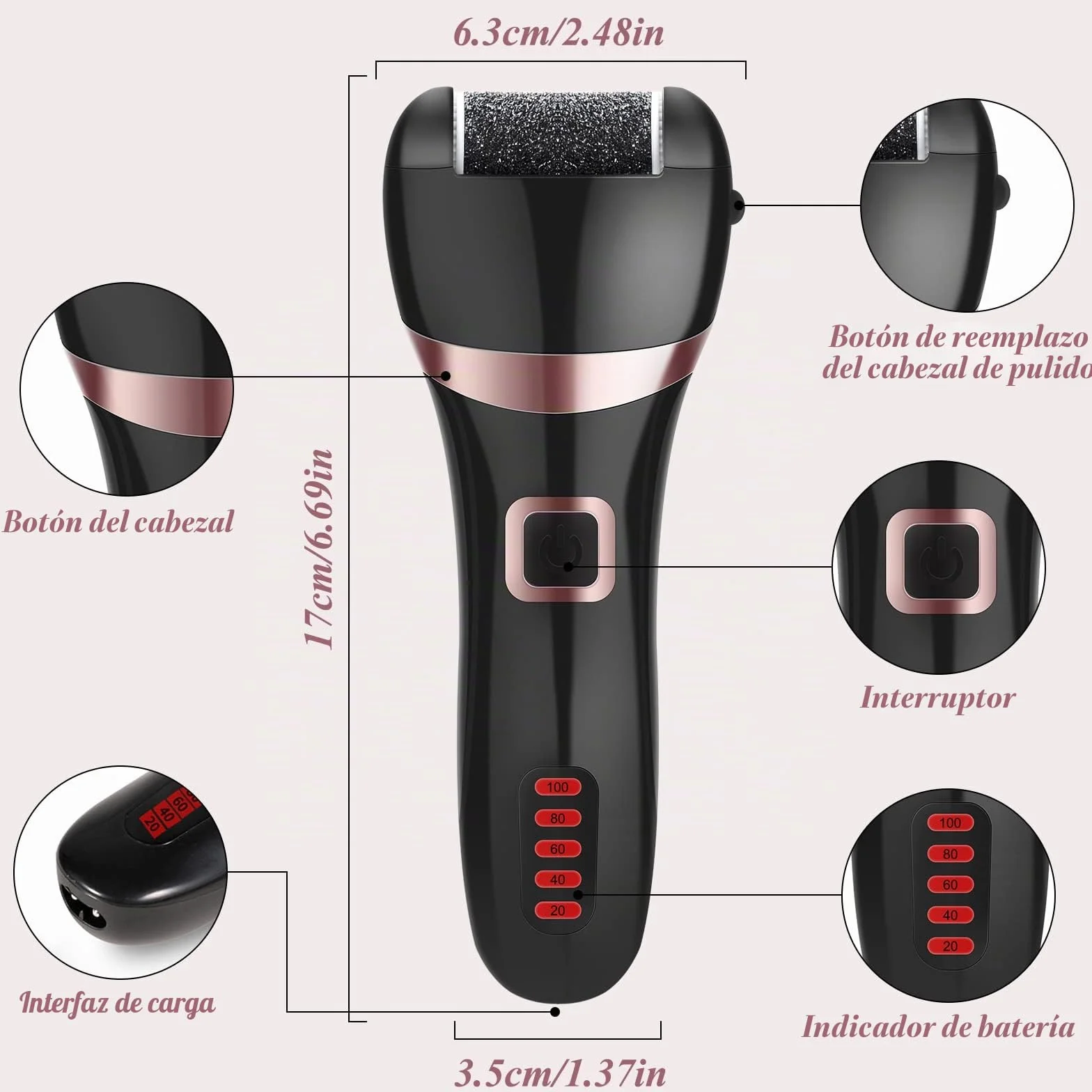 Lima Electrica Pedicura Profesional Recargable IPX7 Impermeable Metal 3 Recambios 5 Niveles 1200MAH 2 Velocidades