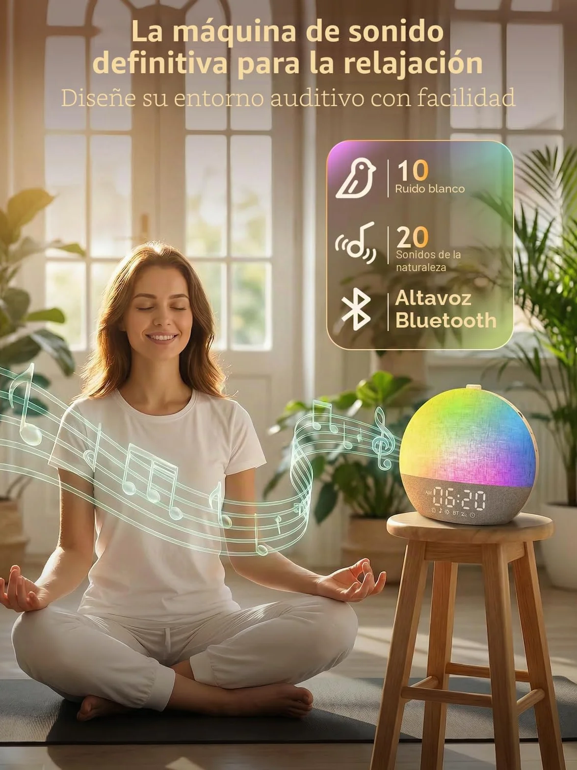 Despertador de Simulación de Amanecer con Luz Natural, 17 Tipos de Iluminación, 30 Sonidos Relajantes, Bluetooth y Alarma
