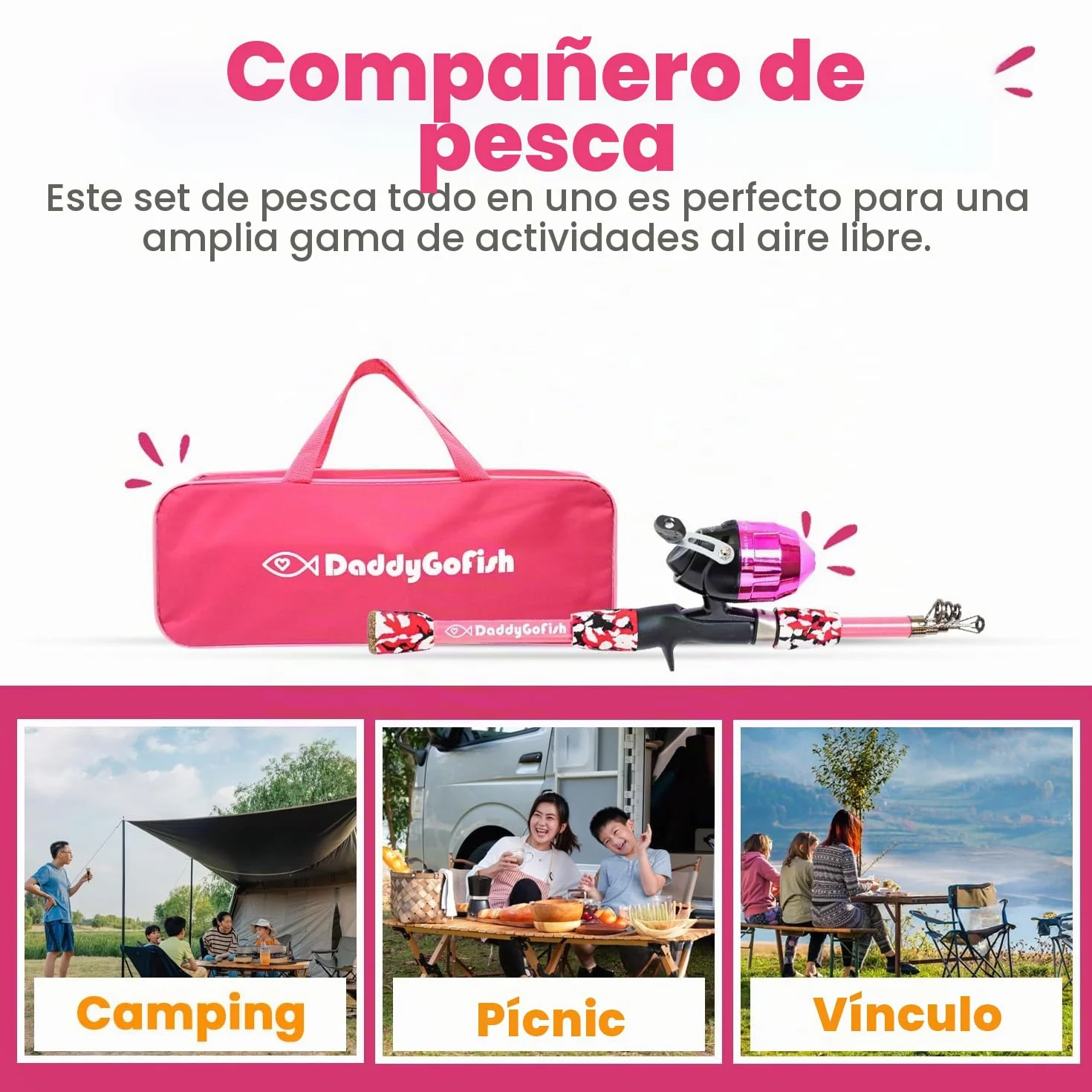 Daddy Go Fish Niños Caña de Pescar telescópica Spincast Combo Silla Plegable Soporte de Varilla Caja de Aparejos Red de Cebo Bolsa de Transporte Niños Niñas