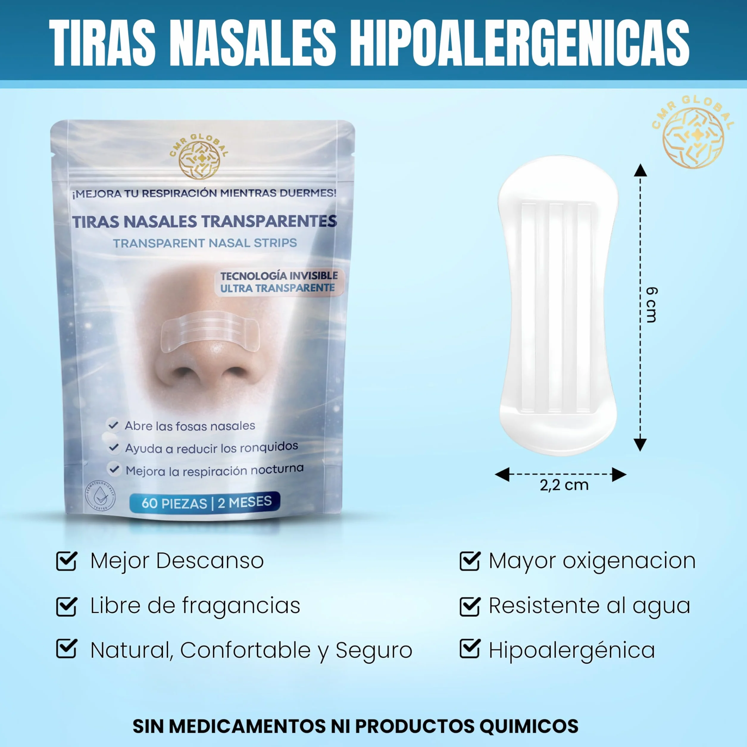 Tiras Nasales Deportivas Premium 60 Unidades Antironquidos Transparentes