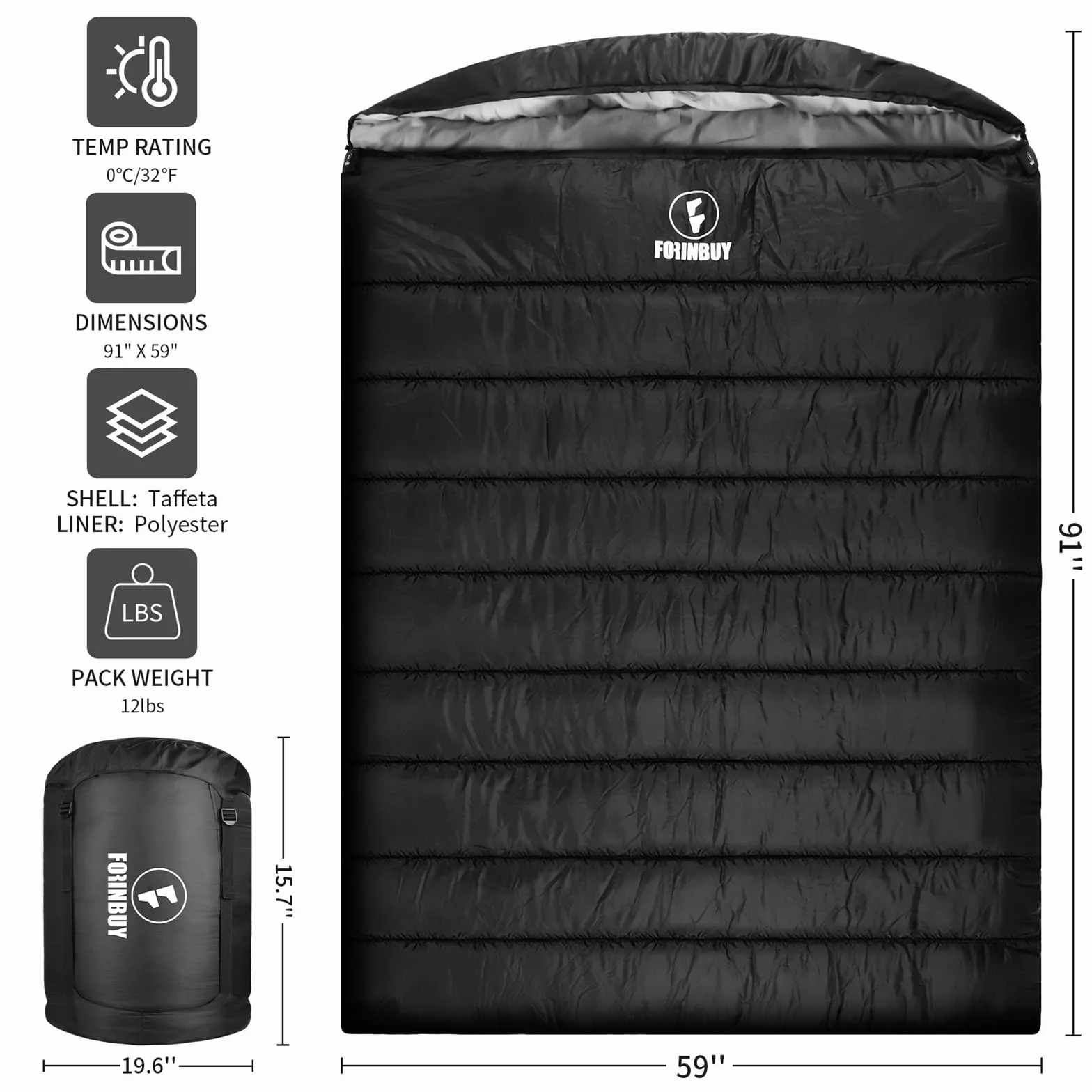 Saco de dormir doble de invierno para parejas de adultos, saco de dormir para 2 personas, saco de dormir para clima frío, doble ancho y cálido para camping, mochileros o senderismo