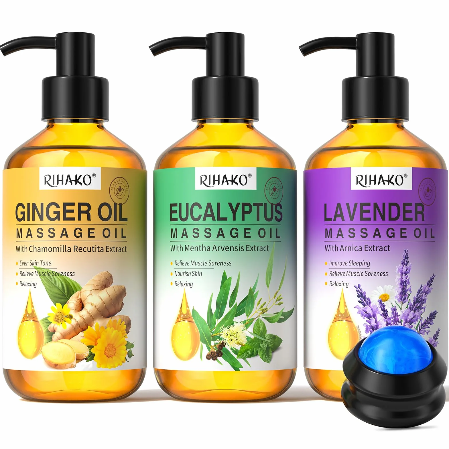 Set Aceites de Masaje para Terapia, Drenaje Linfático, Jengibre, Lavanda, Eucalipto, 3 x 100 ml