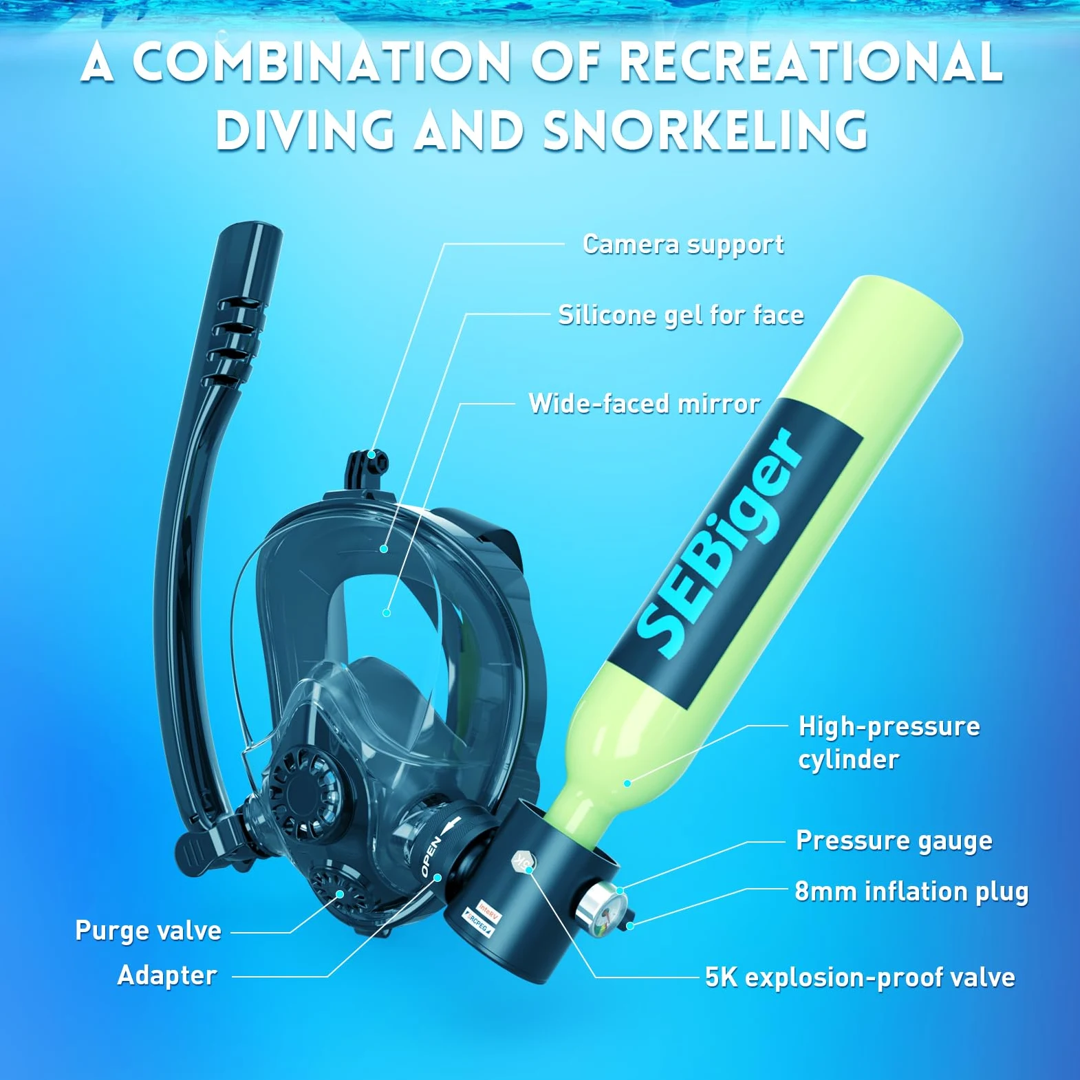 A-GN Mini tanque de buceo con submáscara de 0,5 l que ofrece aproximadamente 6 minutos de respiración bajo el agua en profundidad de buceo de 9 m, pequeño tanque de buceo para buceo