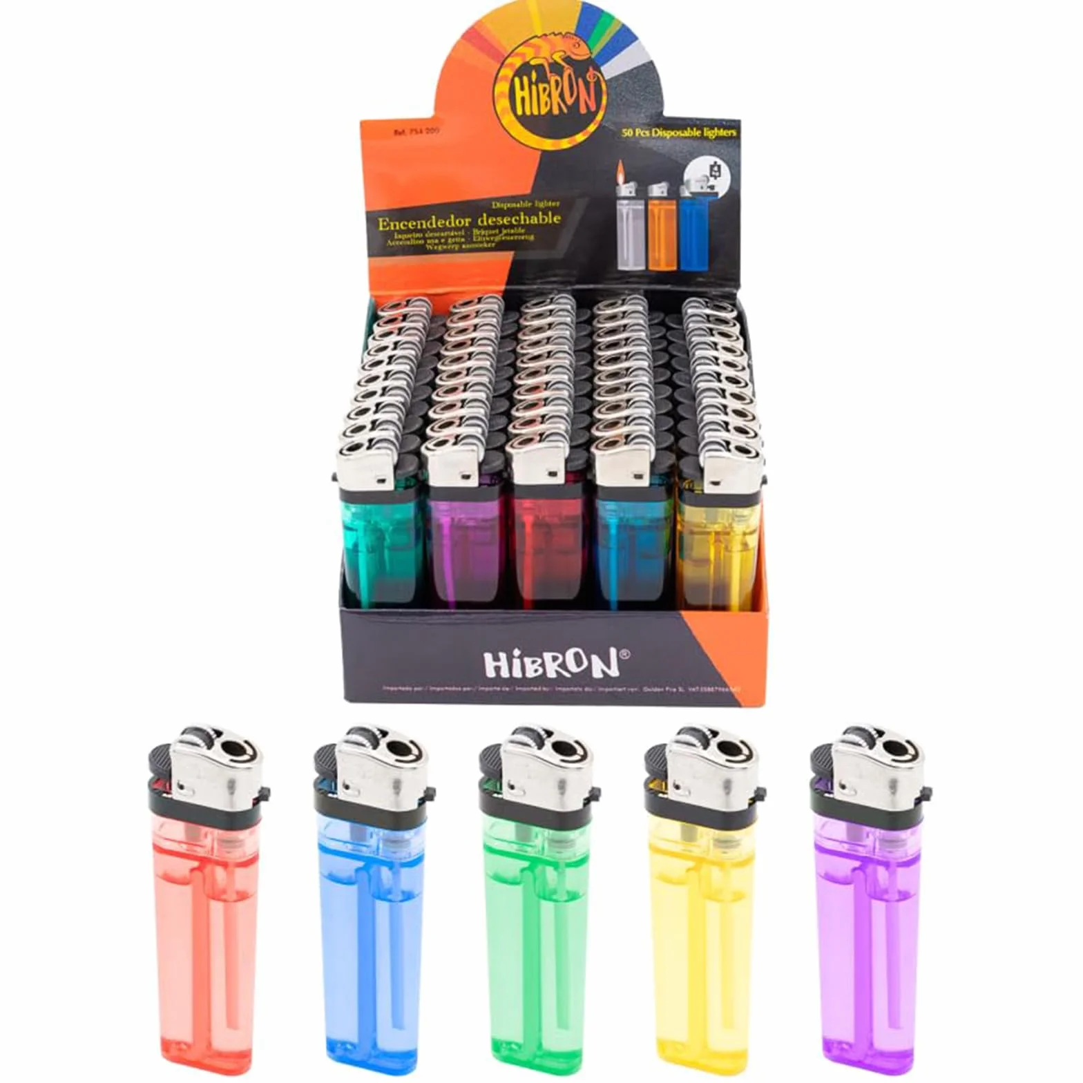 HIBRON Pack de 50 Mecheros Desechables de Colores Translúcidos Encendedor Clásico con Piedra y Llama Regulable