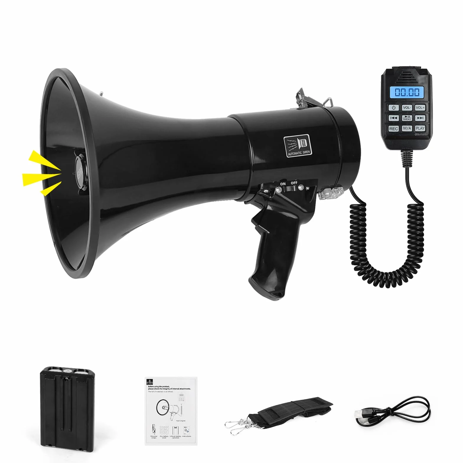JAOGAUS Megáfono 100W con Bluetooth, Grabación, Sirena, Micrófono Externo, USB, Doble Alimentación