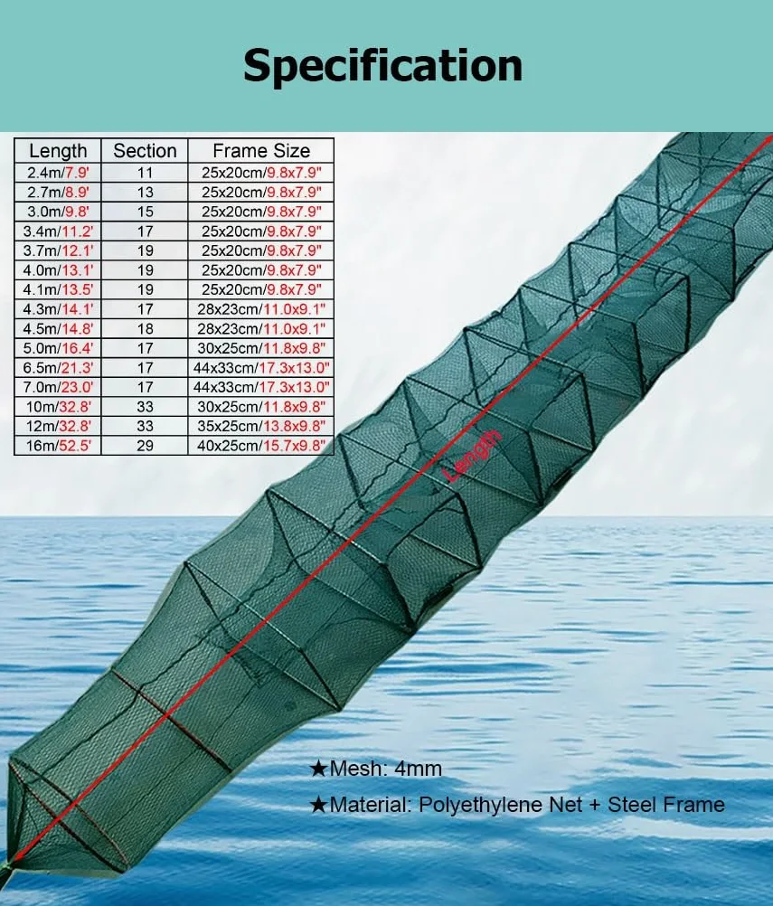 Trampa de Cebo Plegable for camarones y cangrejos de 7,9 a 52,5 pies de Largo, Red de Pesca en Agua Salada, Captura automáticamente más Peces fácilmente