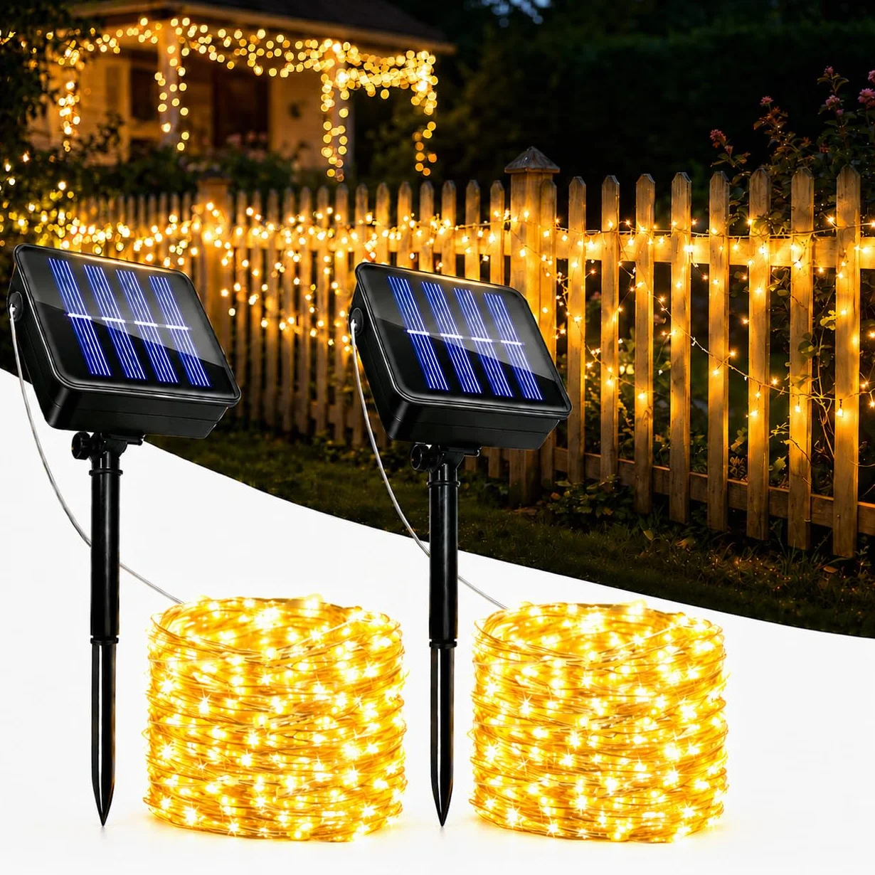 Guirnalda LED Solar Exterior 2Pack 15M Luces Solares Impermeable IP65 Blanco Cálido