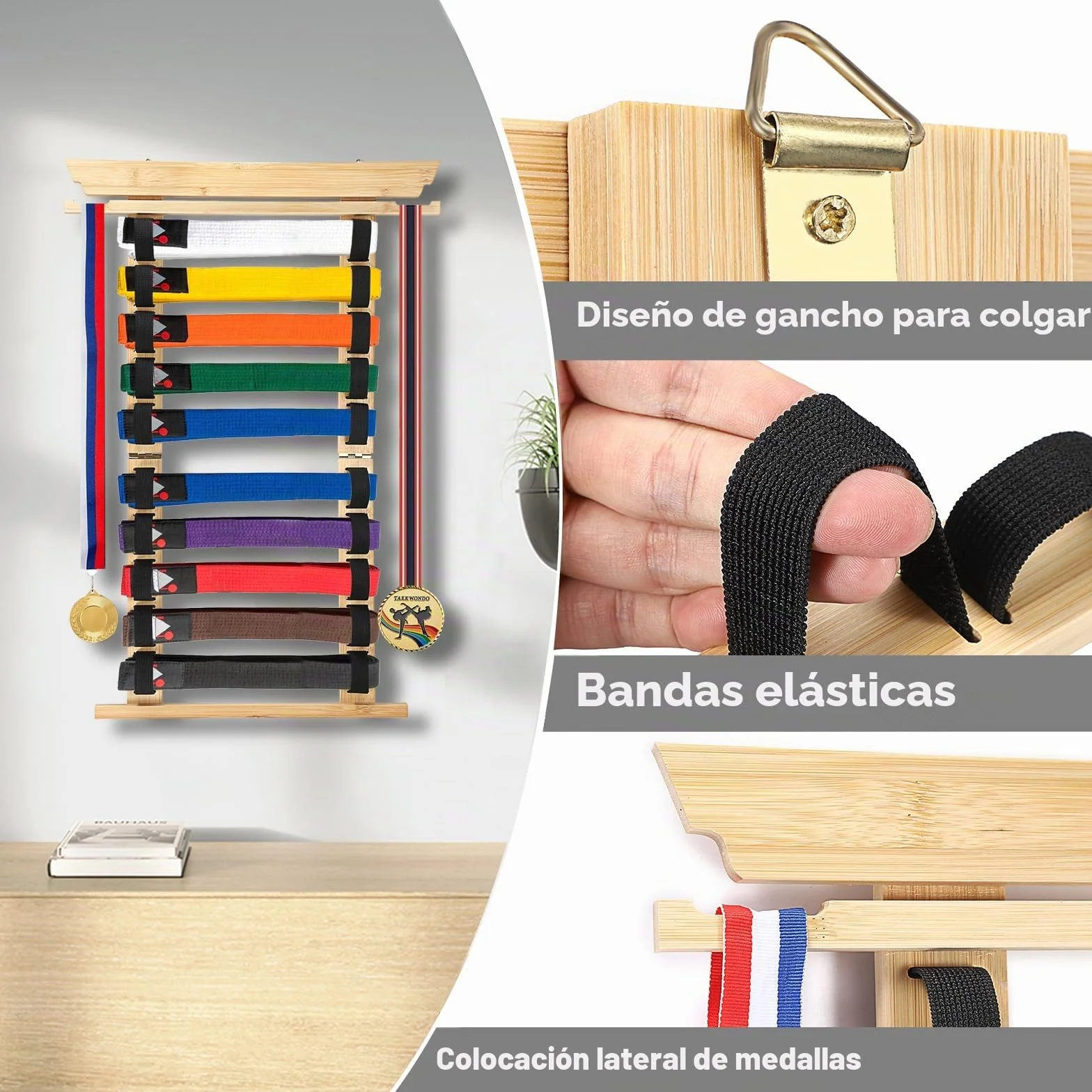SUMNACON Soporte para cinturón de artes marciales, incluye 10 cinturones de bambú para taekwondo, soporte de pared para judo, karate y ninjitsu