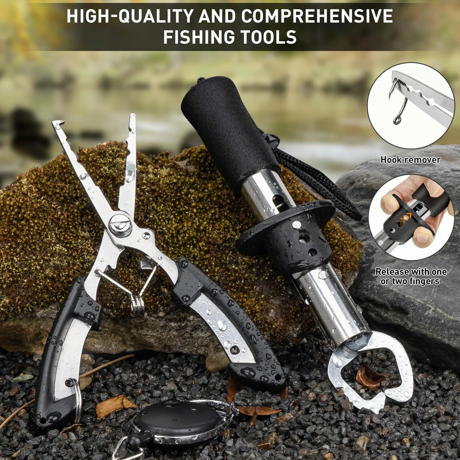 THKFISH Kit de herramientas de pesca, mochila y caja de aparejos con aparejos incluidos, anzuelos, plomos, accesorios, alicates, agarre de labios de pescado, equipo de pesca y regalo de pesca para