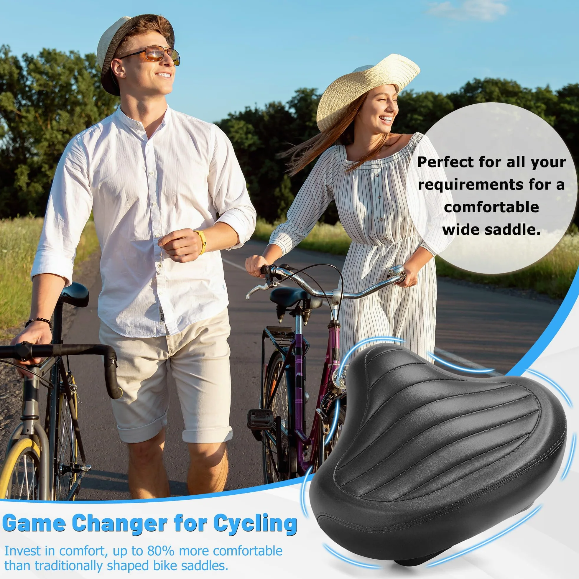CDYWD Nuevo sillín de bicicleta ancho sin nariz para hombres y mujeres, cómodo, suave, ergonómico, cómodo asiento de bicicleta vintage, sillín de repuesto universal para bicicleta de montaña