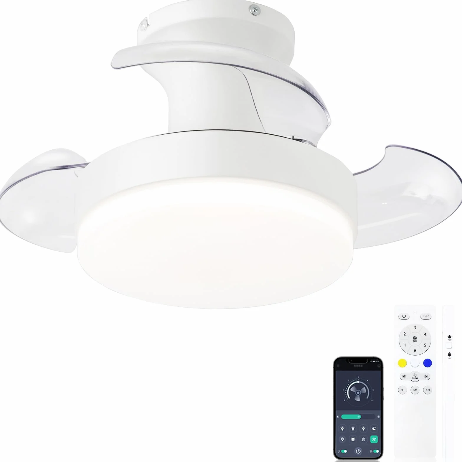 Ventilador Techo Aspas Retráctiles Plegables, 52cm LED Regulable Mando, Motor DC Silencioso