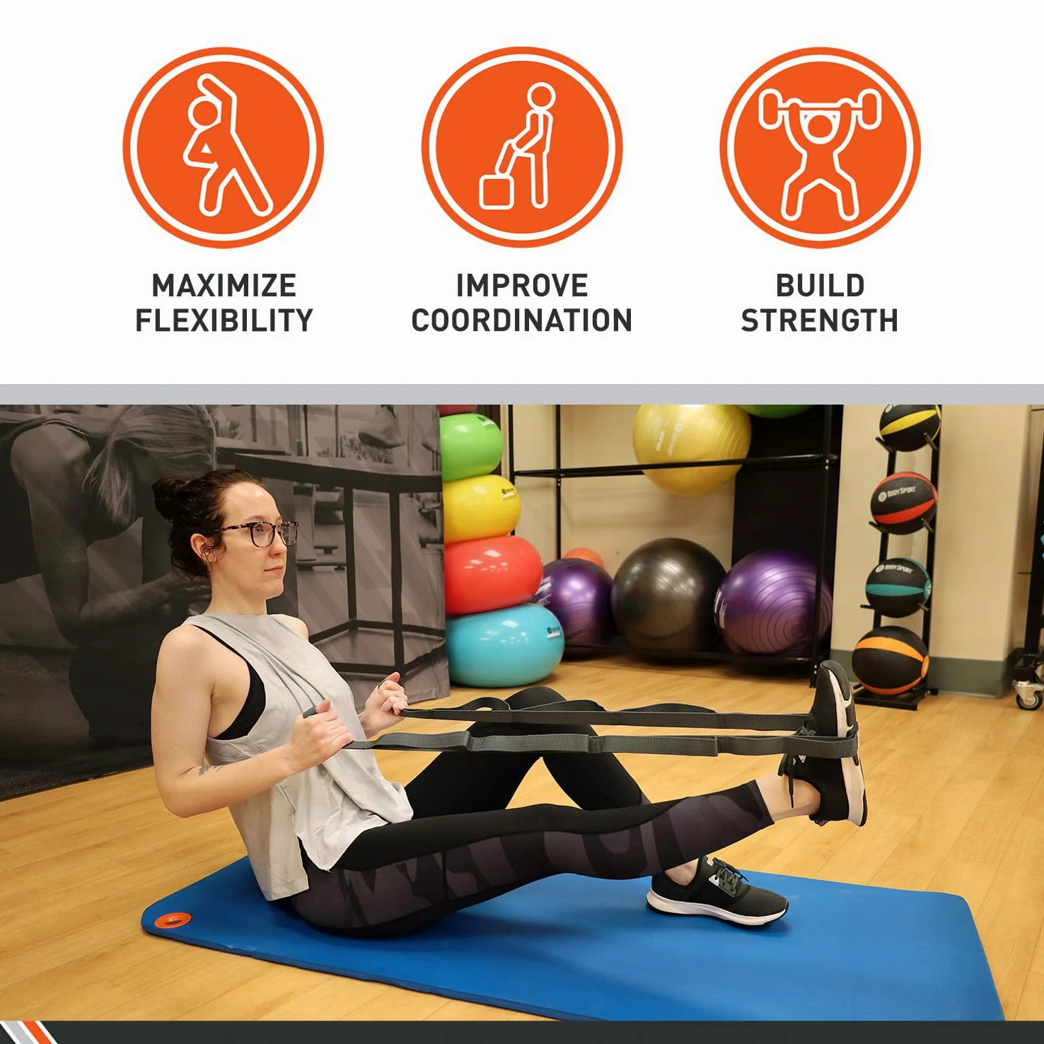 Body Sport Correa elástica estática - Correa elástica tejida duradera con bucles para ejercicios de yoga y gimnasio en el hogar - Para estiramientos previos y posteriores al entrenamiento - Correa