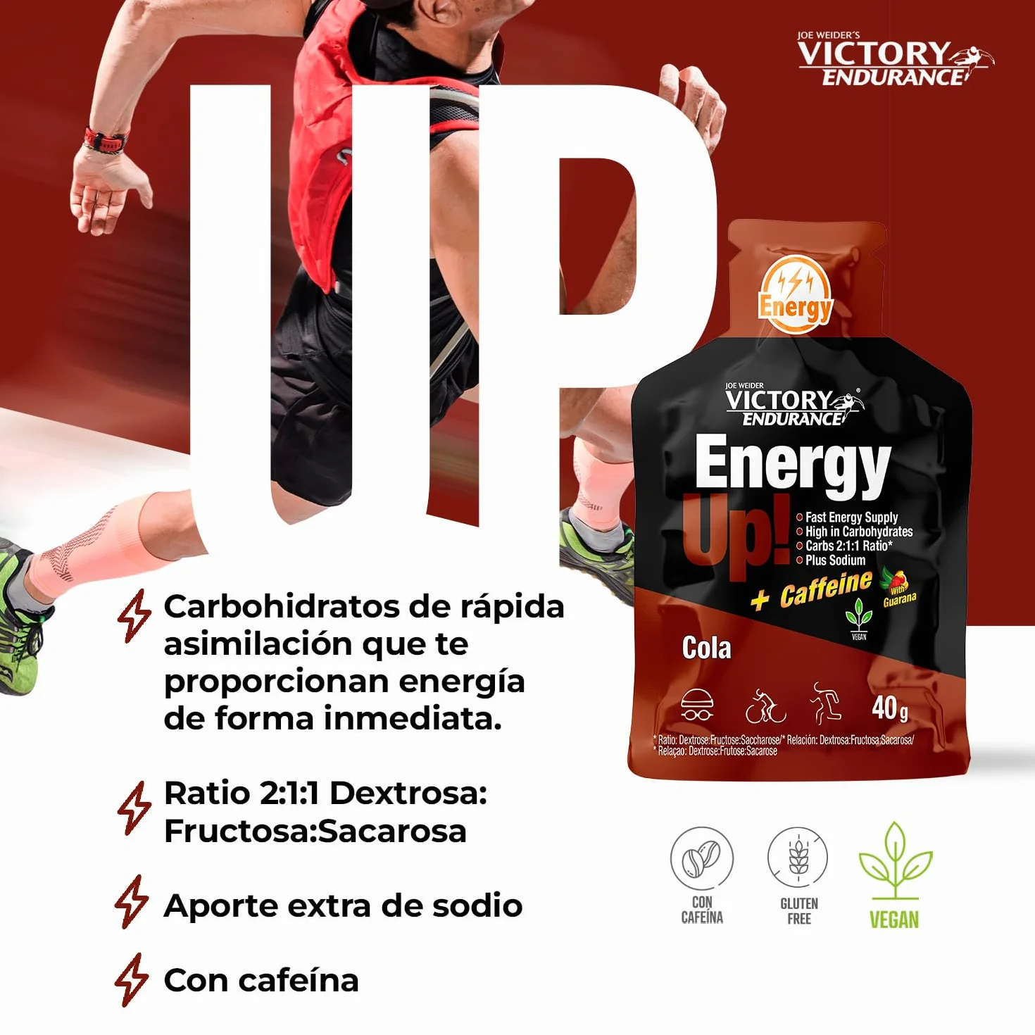 VICTORY ENDURANCE Energy Up Gel Cafeína Sabor Cola, con cafeína, con plus de sodio, 40 g (Paquete de 24)
