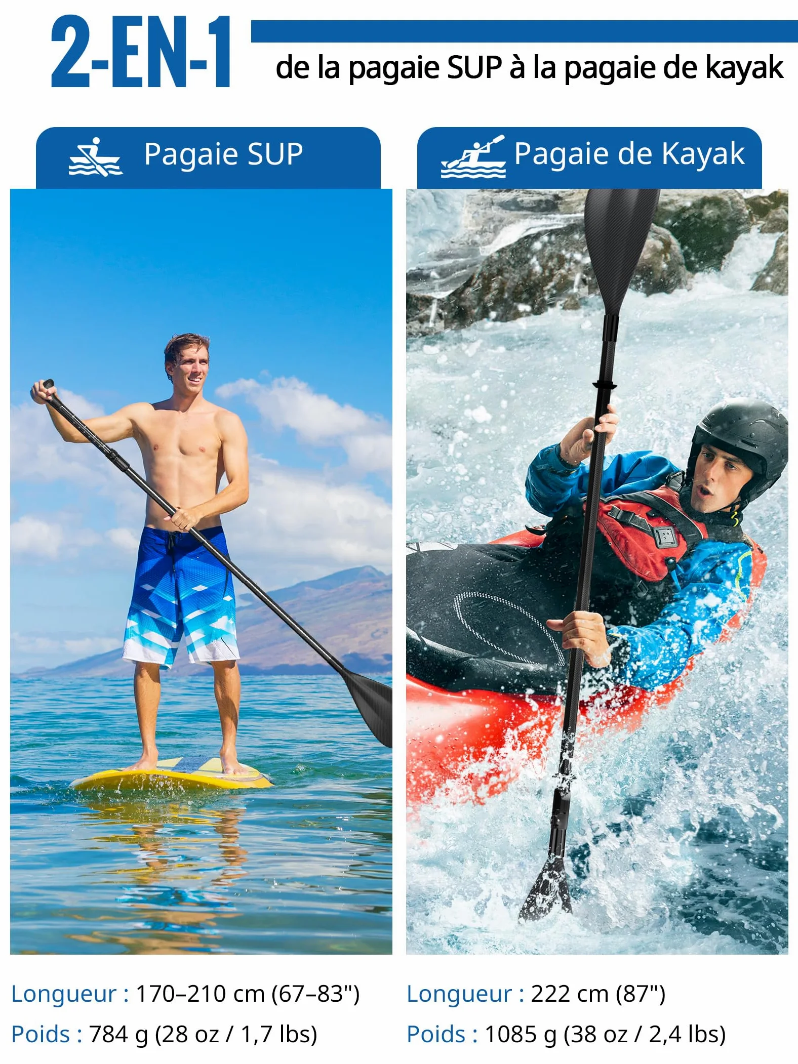 Remo 2 en 1 adecuado para tablas de remo de pie y kayaks – Longitud ajustable de 175 a 210 centímetros – Ligero y resistente – Construcción de fibra de carbono y nailon