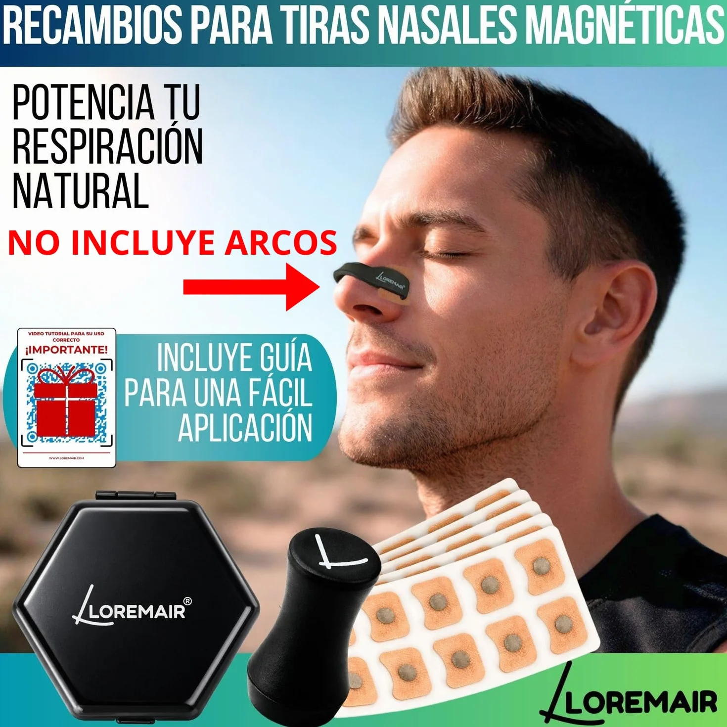 Recambios Tiras Nasales Magnéticas 60 parches 30 días Caja almacenamiento Aplicador Dilatador Nasal