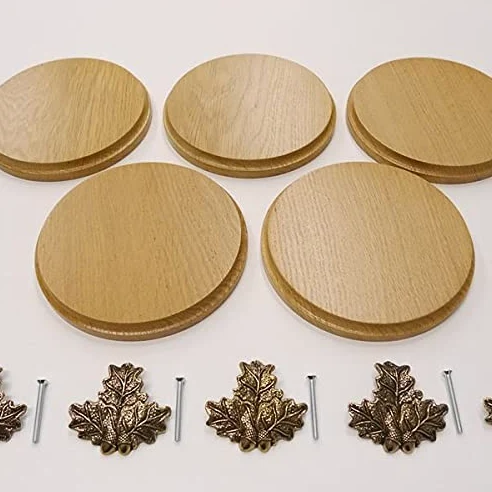 GTK Oferta 5 placas cuña redondas de roble claro AF 15 cm, tabla cuña, tabla de especias, placa para trofeos con 5 hojas de roble