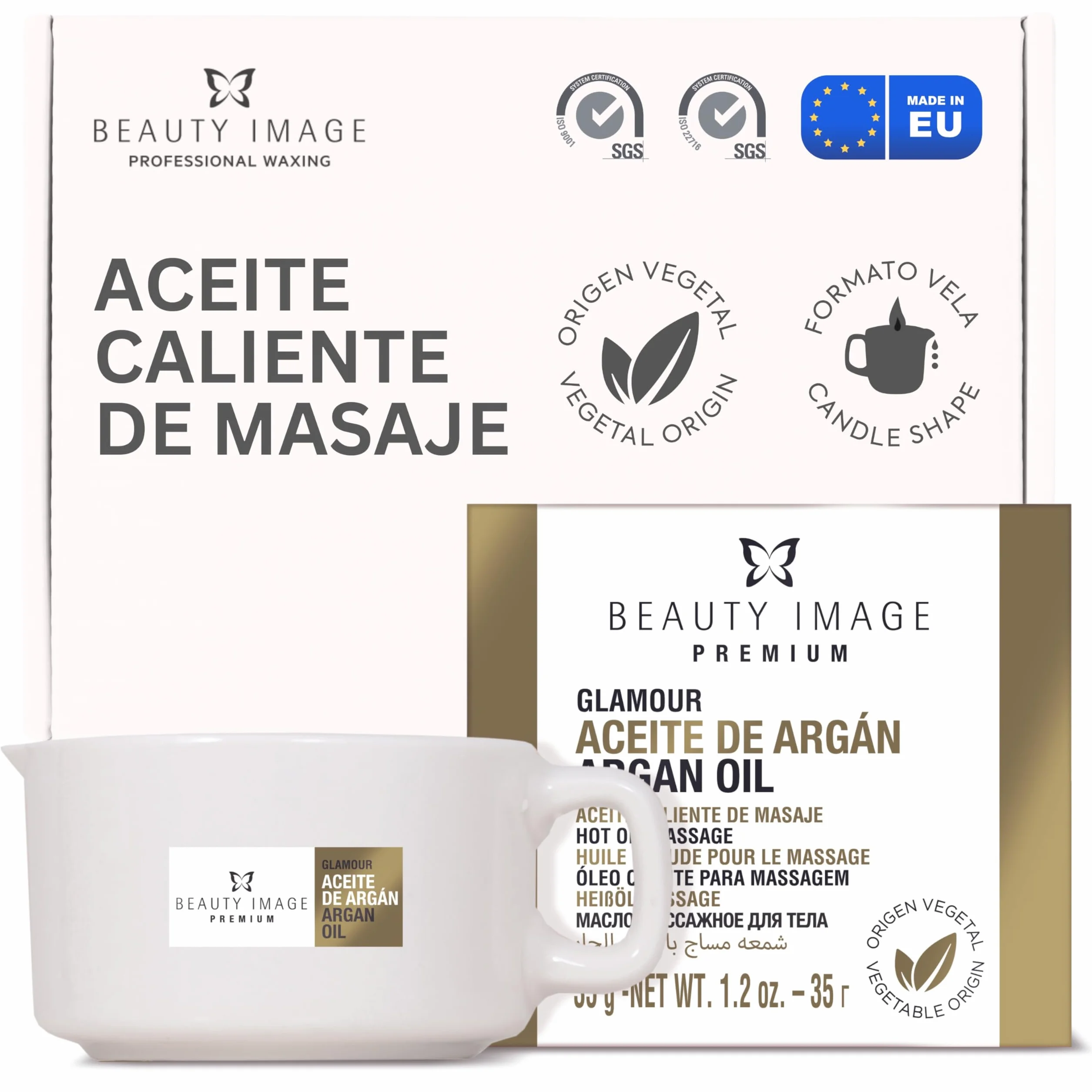 BEAUTY IMAGE Vela de Masaje Dorado Brillante Glamour con Aceite de Argán para Masaje Profesional