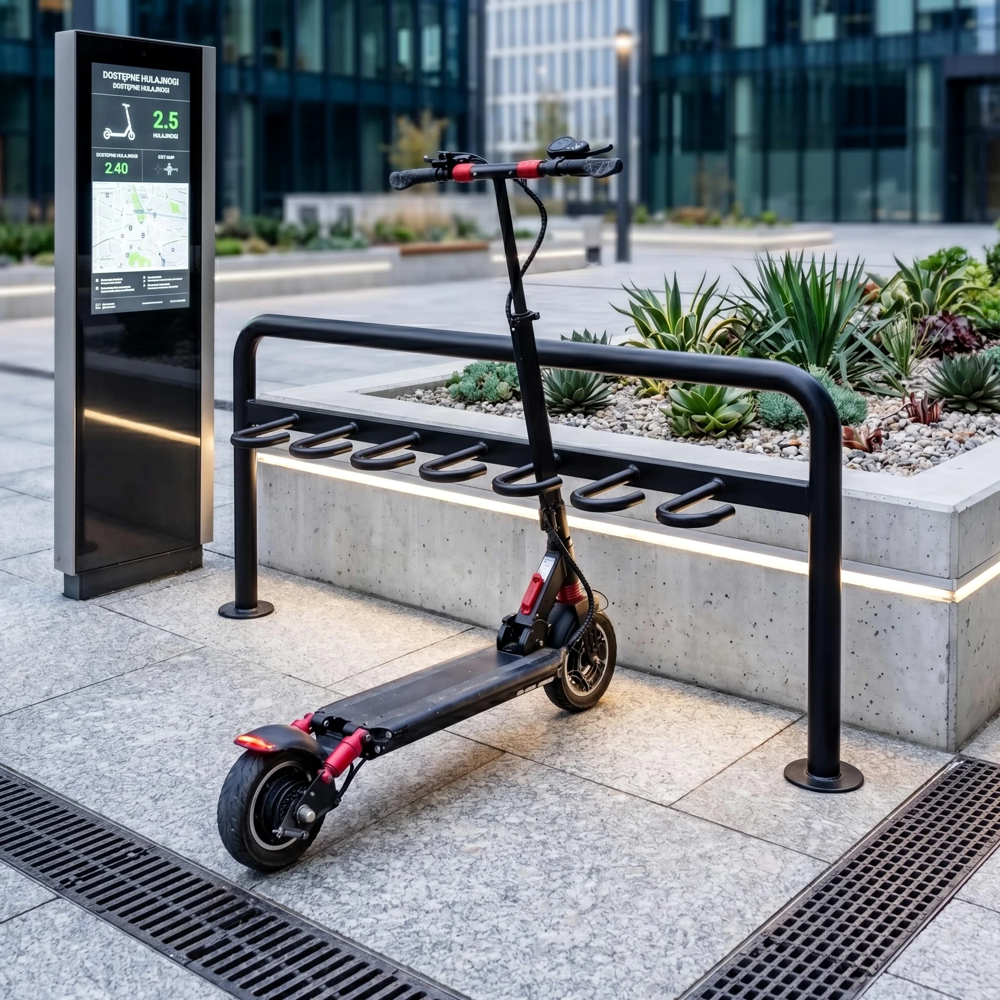 REKORD Frida Soporte de Acero para 7 Patinetes Eléctricos Aparcamiento Exterior Resistente a la Intemperie Estacionamiento para Scooters y Patinetes Pintura en Polvo Negro Mate 170 x 77 x 30 cm