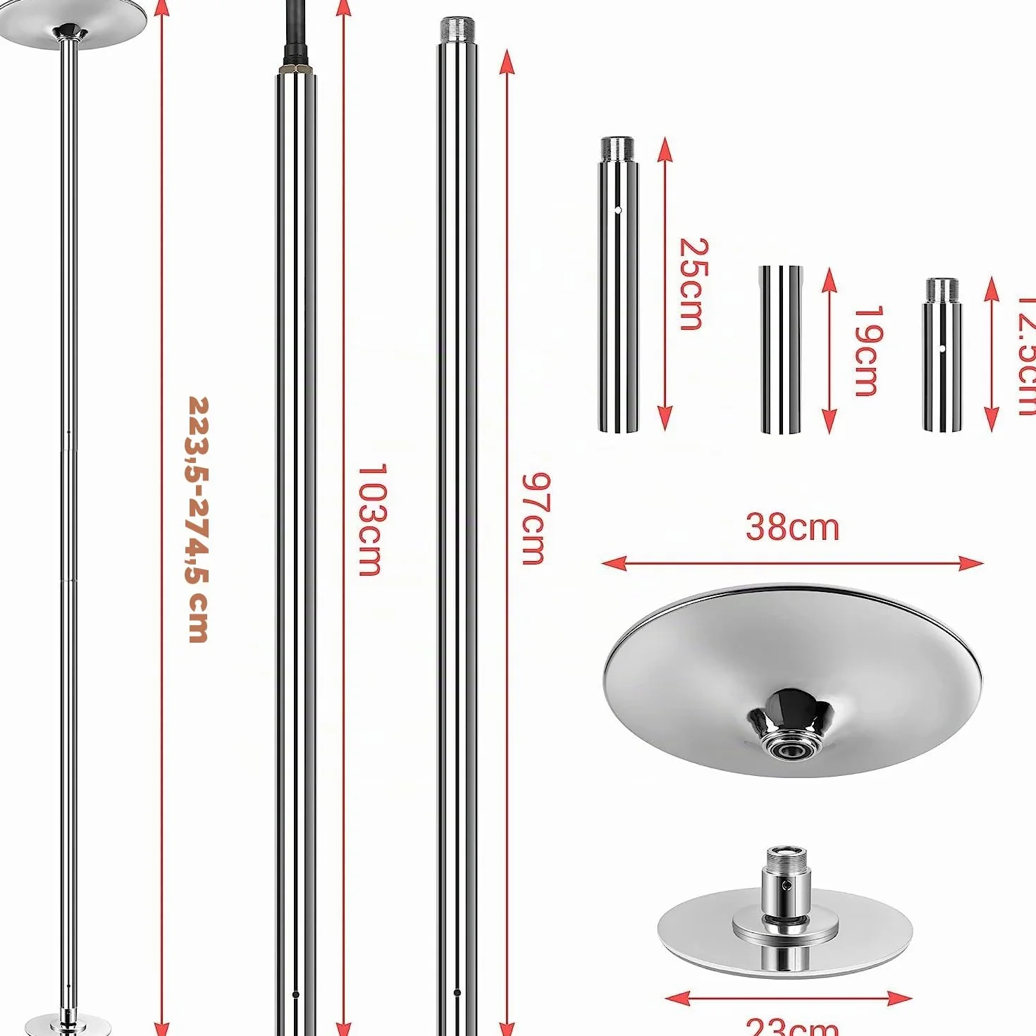 TLGREEN Barra de Baile Profesional Estática y Giratoria 45 mm Altura Ajustable 2,35-2,74 m