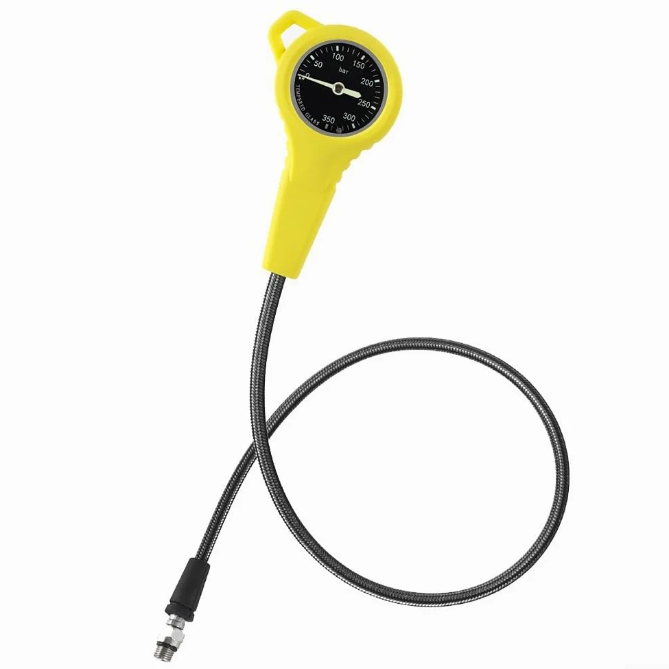 Medidor de presión de buceo con manguera tejida de fibra de carbono (rosa) | Rosca 7/16-20UNF, luminosa para esfera para agua oscura, rotación de 360 grados, alta estabilidad de hasta 300 bares