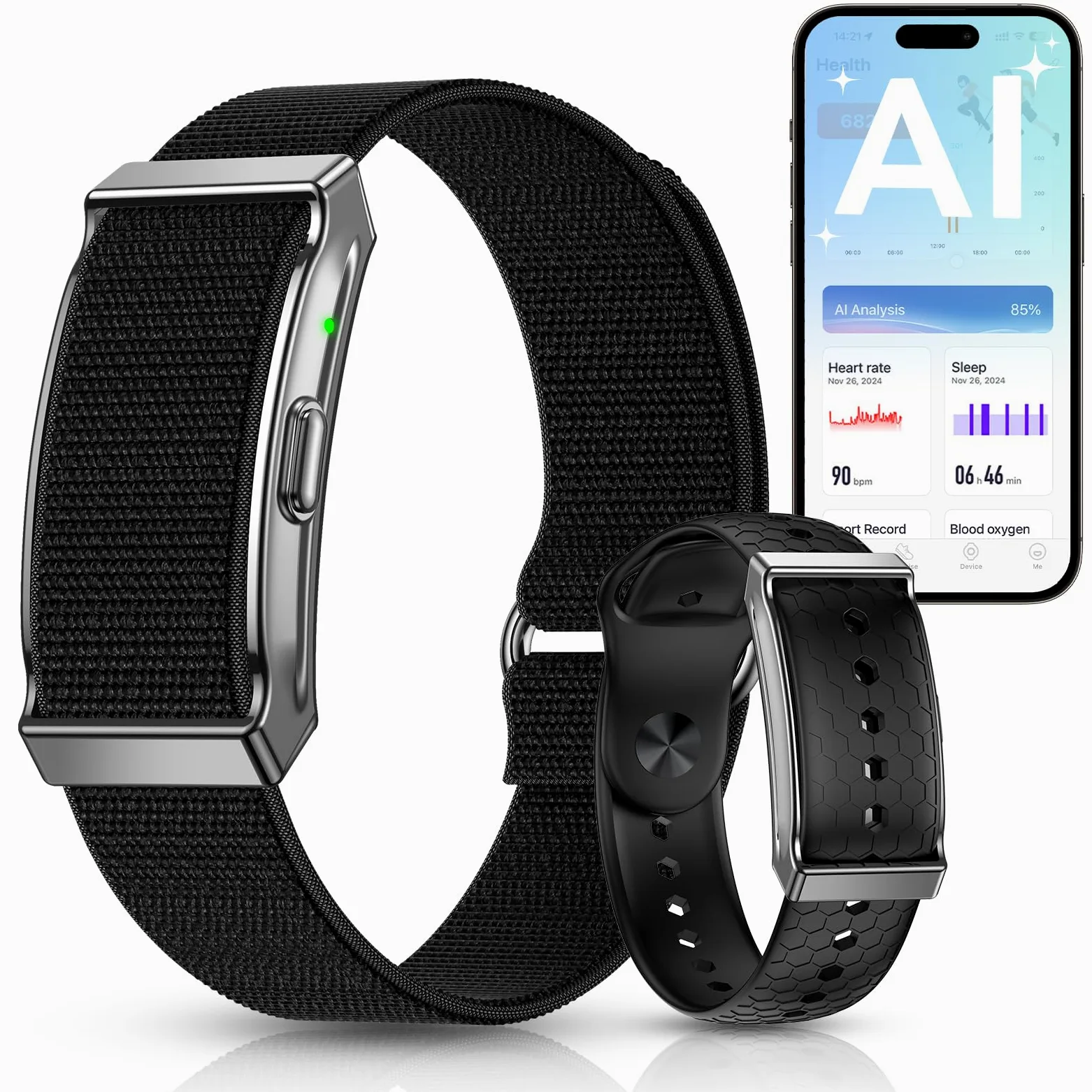 Pulsera de Actividad sin Pantalla Hombre Mujer, Smart Band con Análisis de IA, SpO2, Pulsómetro, Sueño, 120+ Modos Deportivos, Calorías, IP68 Podómetro, Pulsera Inteligente sin Suscripción, Negro