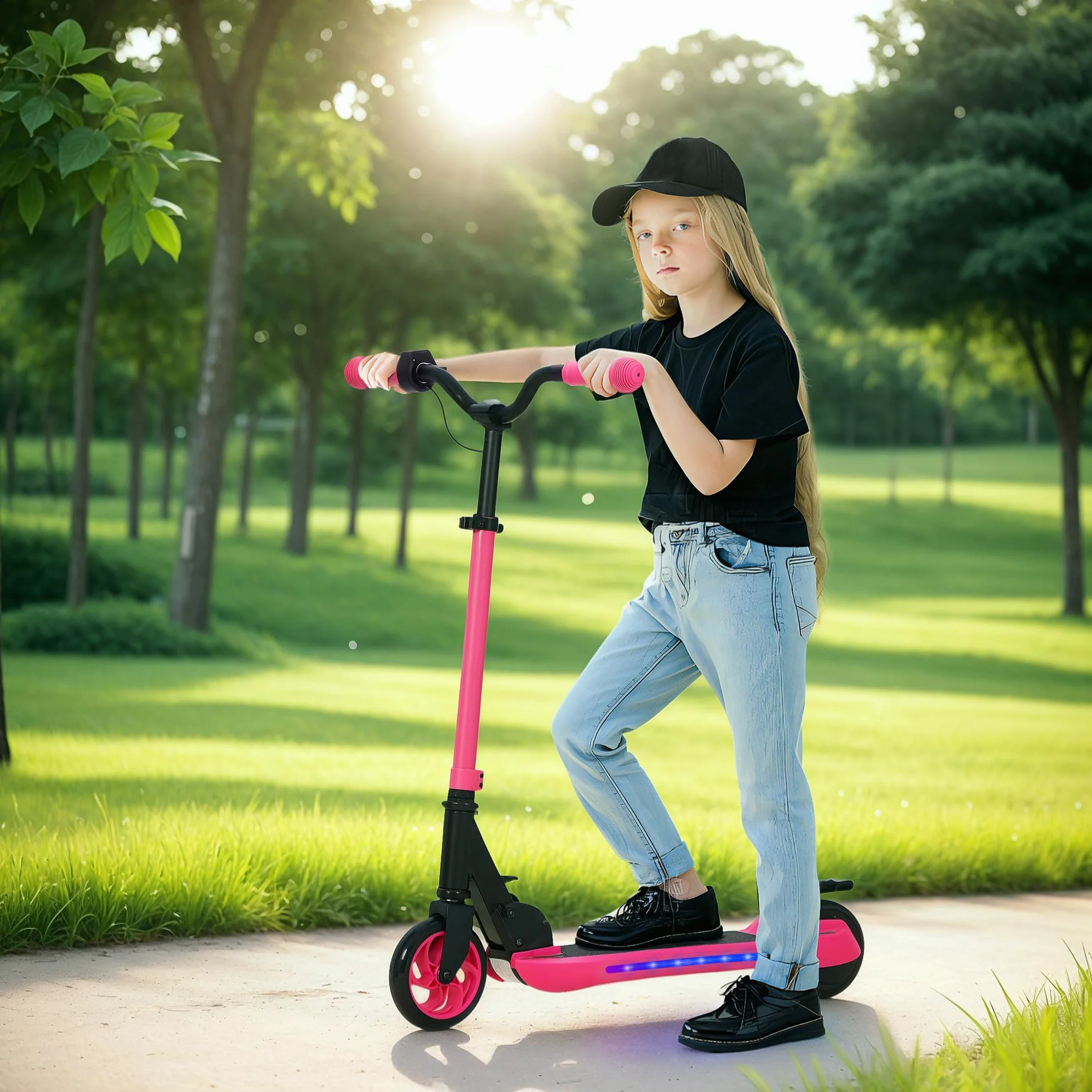 SPORTNOW Patinete Eléctrico Plegable MAX 10 KM/H Patín Eléctrico de +6 Años Motor 120 W Autonomía 6 KM Ruedas de 5" - 5,5" Freno Posterior Altura Ajustable Luces LED y Marco de Aluminio