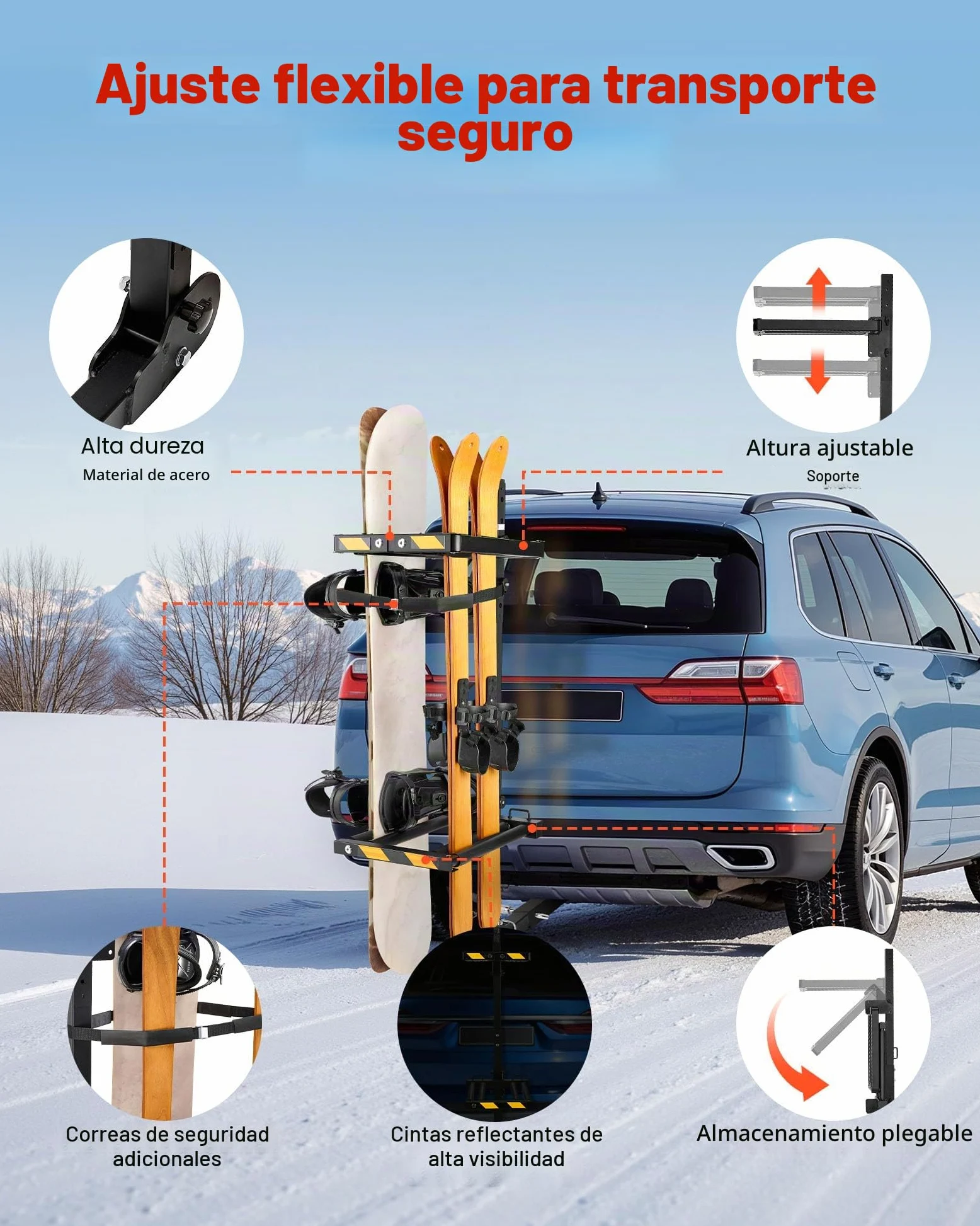 VEVOR Portaesquís de Techo, para hasta 6 Pares de Esquís/4 Tablas de Snowboard, con Cerradura con Cinturón de Seguridad y Acceso Inclinable, el Soporte Ajustable Se Adapta a la Barra de Remolque