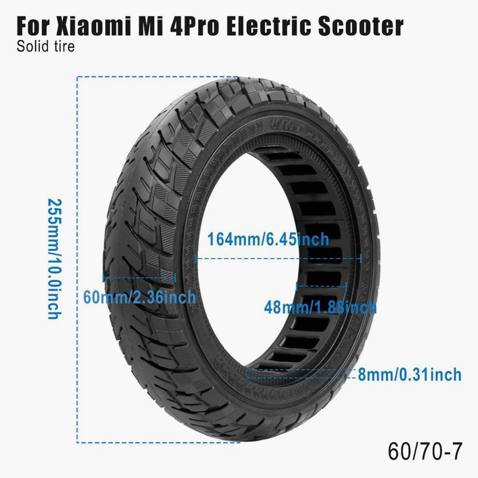 Neumático sólido for patinete eléctrico, Compatible With Xiaomi, 4 Pro de 10 pulgadas, con diseño de panal, 60/70-7.0, todoterreno, sin cámara. rueda de scooter de goma maciza