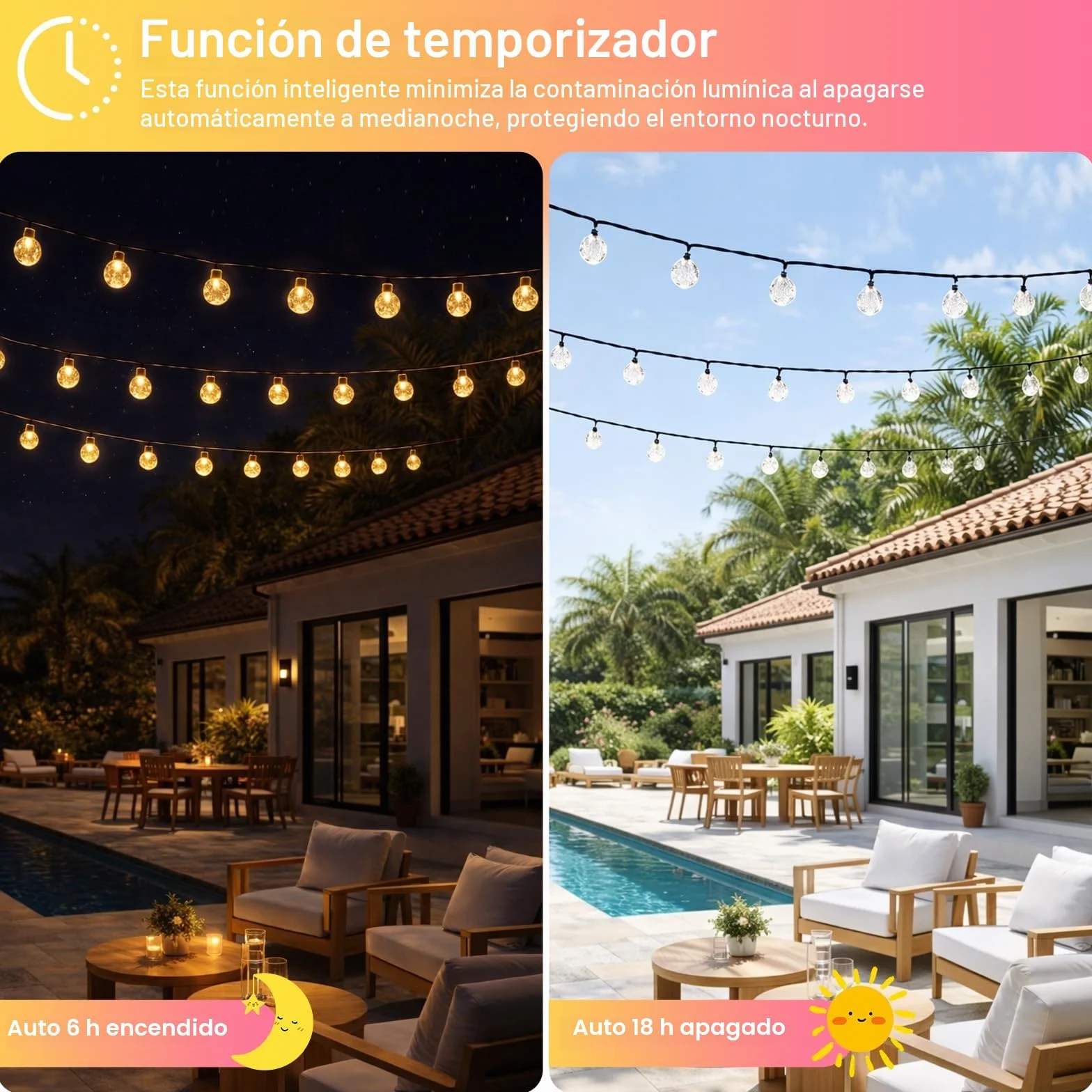AGOTD Cadena de luces solares LED 40 IP65 8 modos bolas de cristal resistente al agua para exteriores