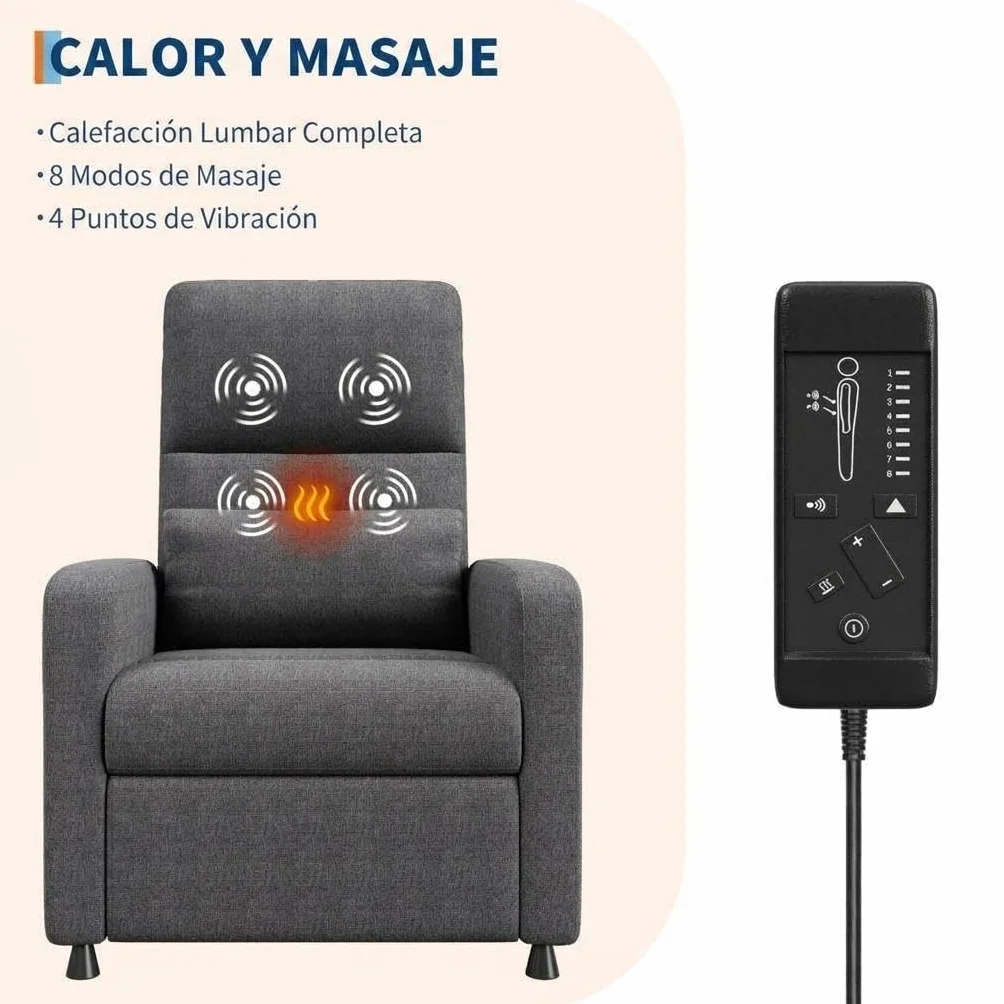 GarveeLife Sillón Reclinable Eléctrico con Masaje y Calor Lumbar, Ajustable, Tela de Lino, Gris