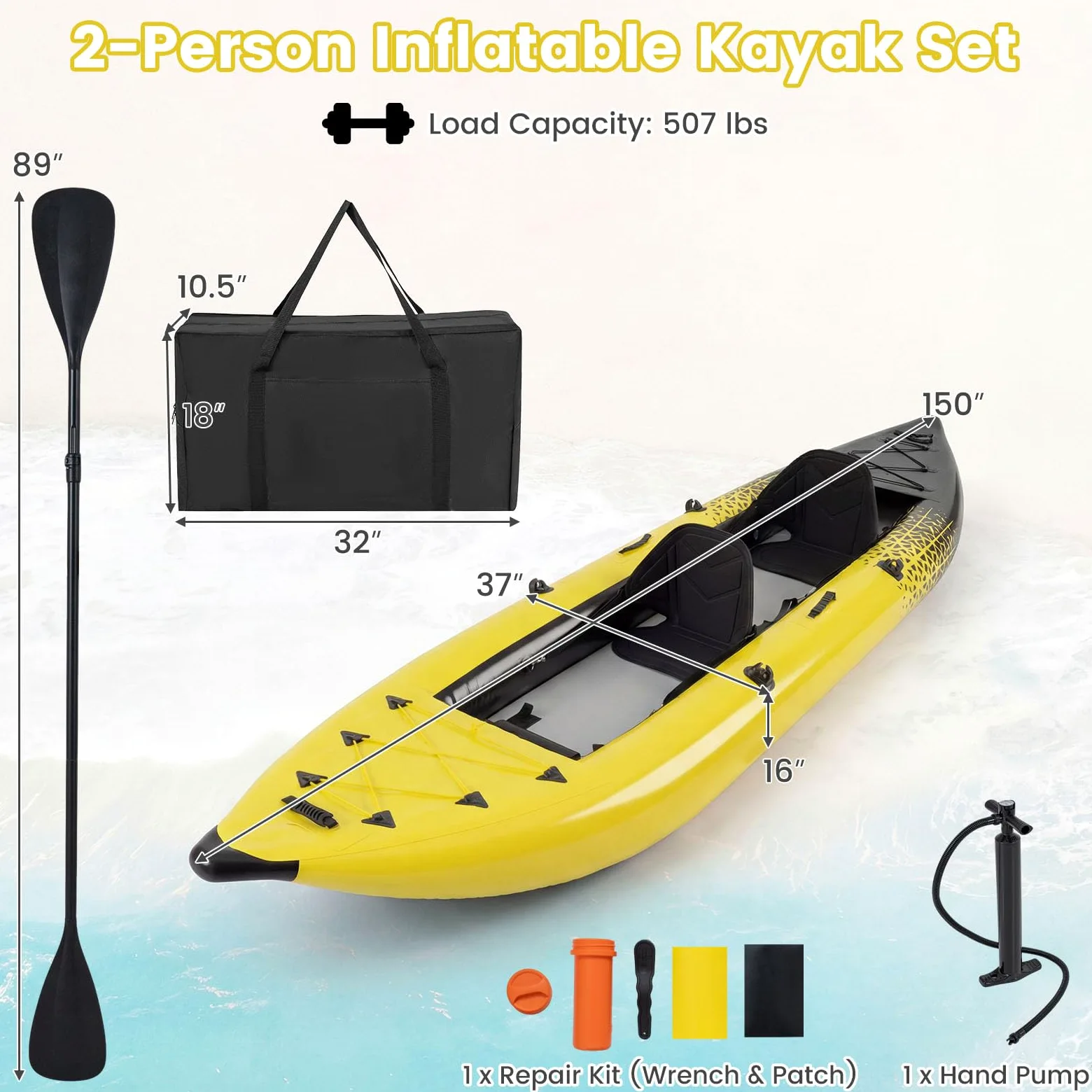 S AFSTAR Kayak inflable, canoa para 2 personas con capacidad de 230 kg, suelo de puntada caída, todos los accesorios y bolsa de transporte, kayak grande de 12 pies para pesca, camping y exploración