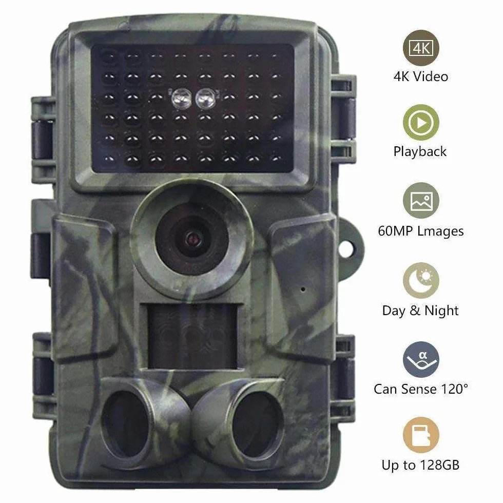 Cámaras de Caza 60MP 4K H.264 Video, Fototrampeo con Visión Nocturna 30m y Activación 0.1s, LED IR 940 NM No-Glow, IP66 - Espía Vigilancia Coche Caza Exterior Nocturna
