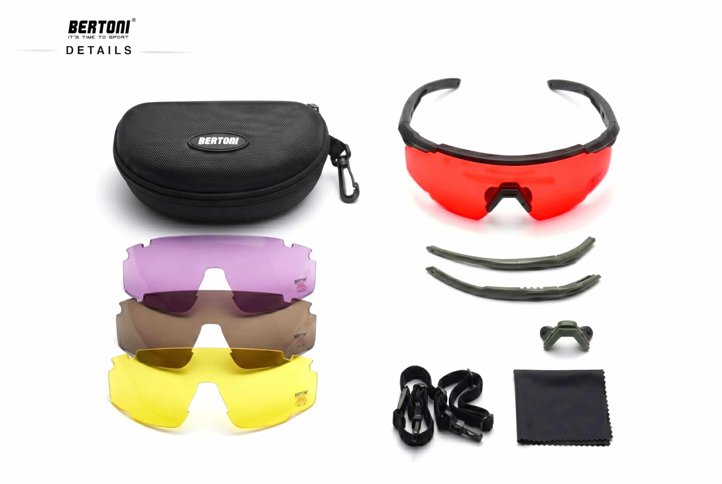 BERTONI Gafas de Tiro Protectoras Balistica Tacticas de Seguridad para Disparar con 4 Lentes Incluidas y Estuche y Patillas Adicionales – SH890N