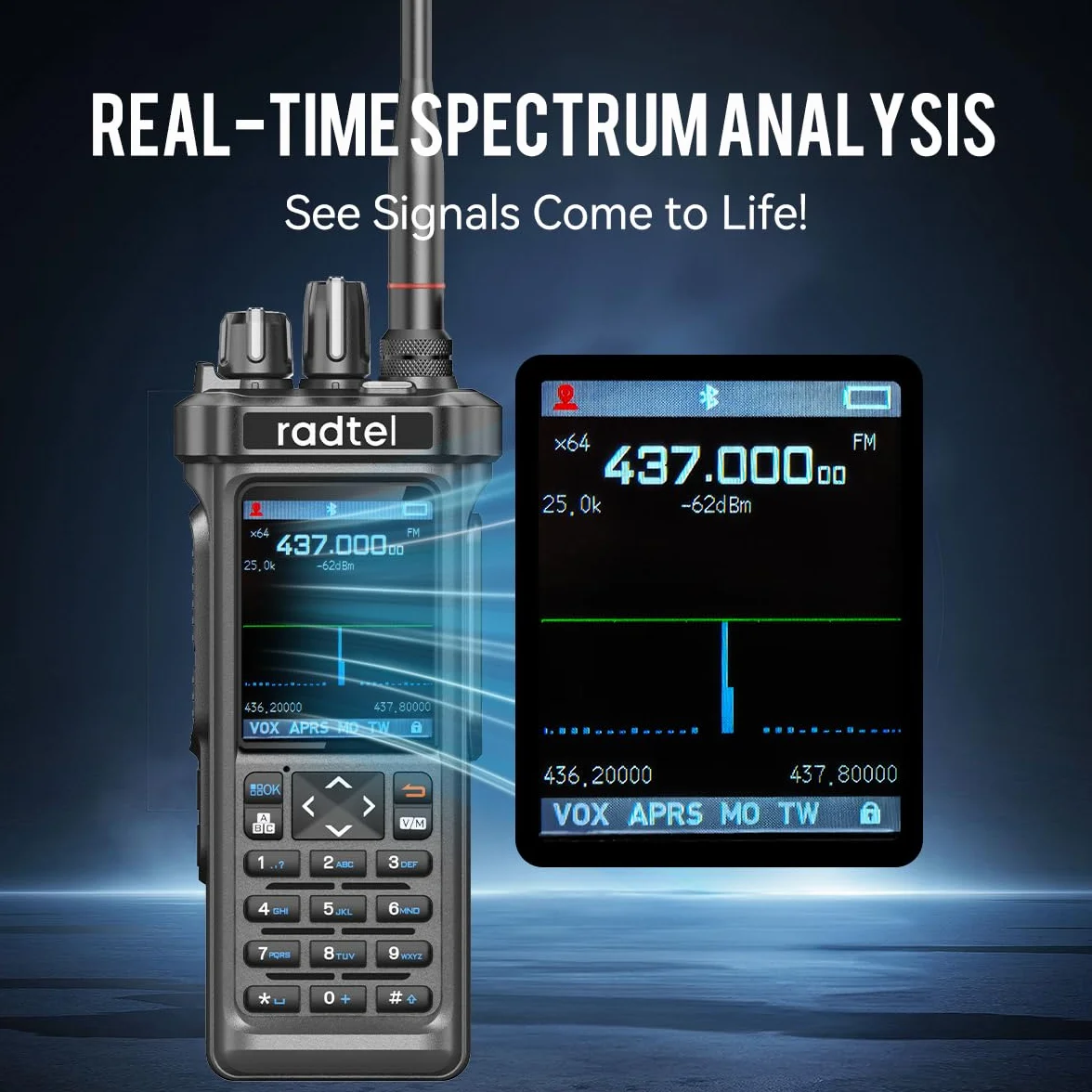 Radtel RT-950 10W Radio de Mano bidireccional de Largo Alcance, recepción Am/FM/CB/SW/MW/LW, GPS/APRS, programación inalámbrica Bluetooth, NOAA, analizador de Espectro (con Cable de programación)