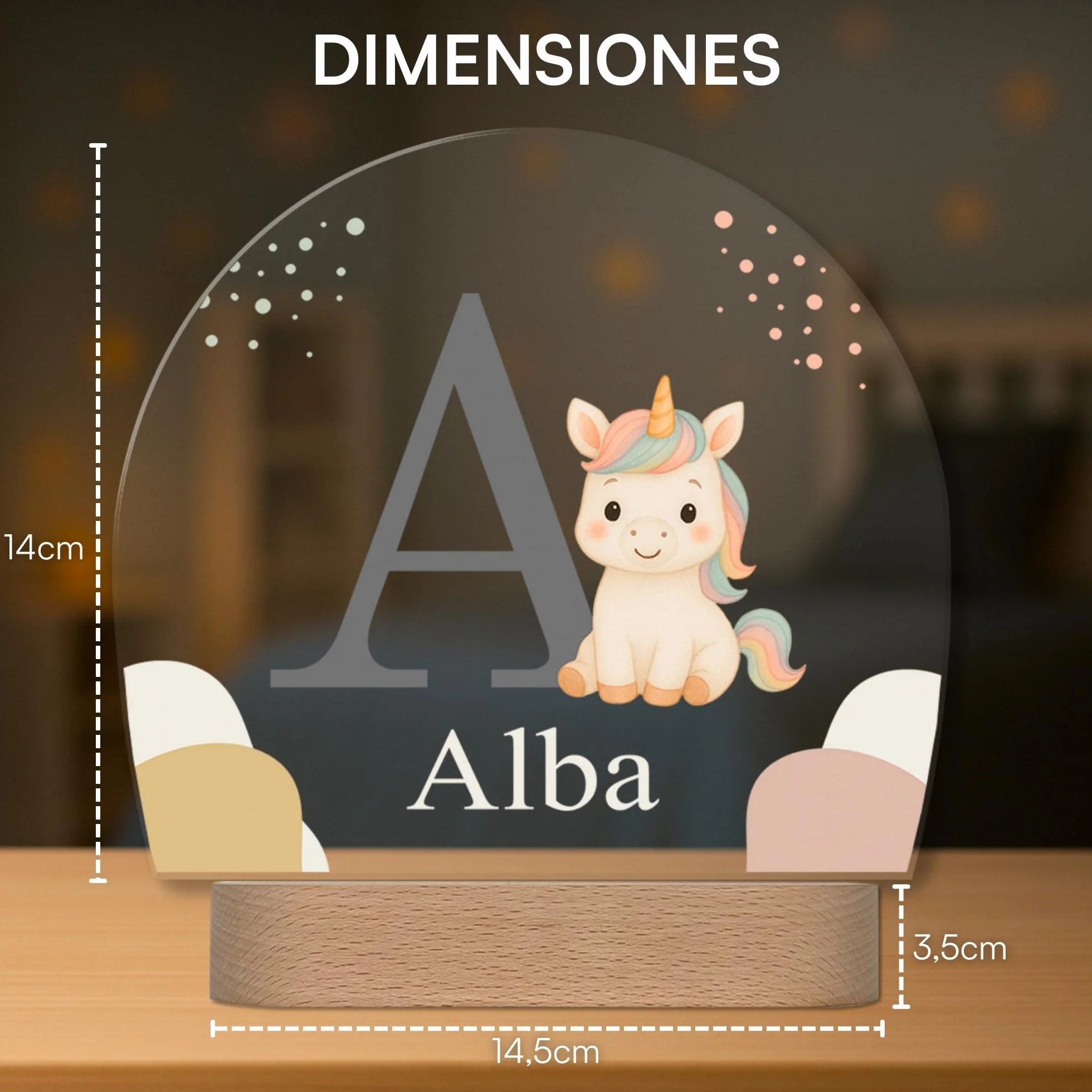 Lámpara Infantil Personalizada con Nombre e Inicial LED Quitamiedos Unicornio Regalo Original Bebé Bautizo Cumpleaños
