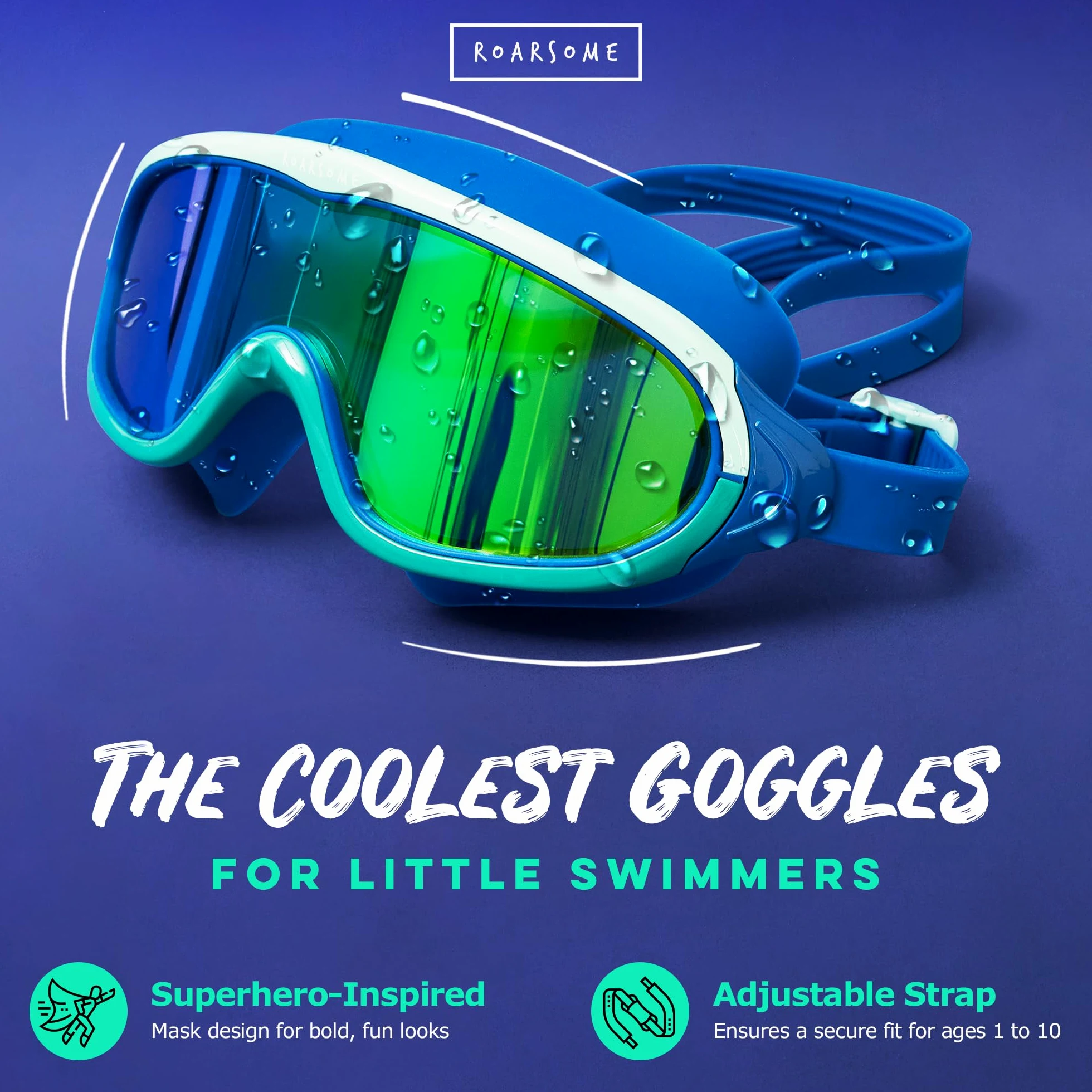 Roarsome Gafas de natación, lente de visión ultra ancha, antivaho y protección UV, ajuste de silicona suave, diseño a prueba de fugas, correa ajustable, unisex, talla única, ideal para piscina, océano