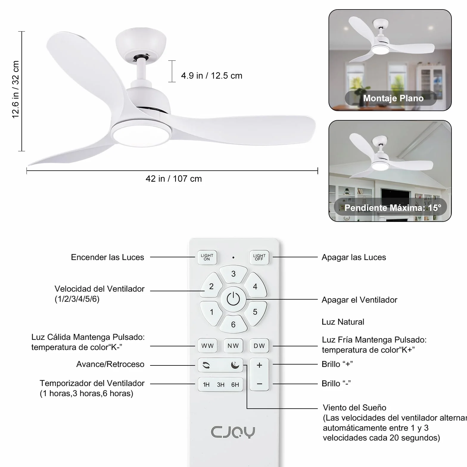 CJOY Ventilador de Techo con Luz 107cm Blanco, Mando Silencioso, 6 Velocidades, Memoria 3 CCT, LED Regulable, DC Reversible