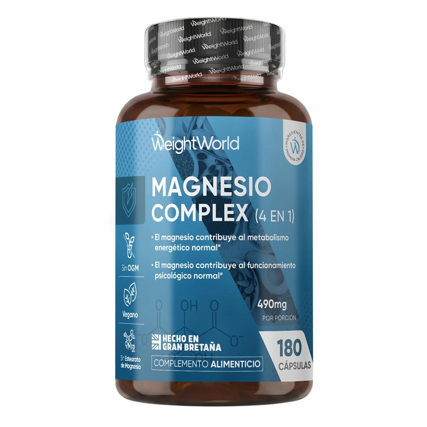 Magnesio Complex 490mg 180 Cápsulas - Citrato, Bisglicinato, Malato, Taurato de Magnesio, L-Leucina, Vegano, Sin Gluten