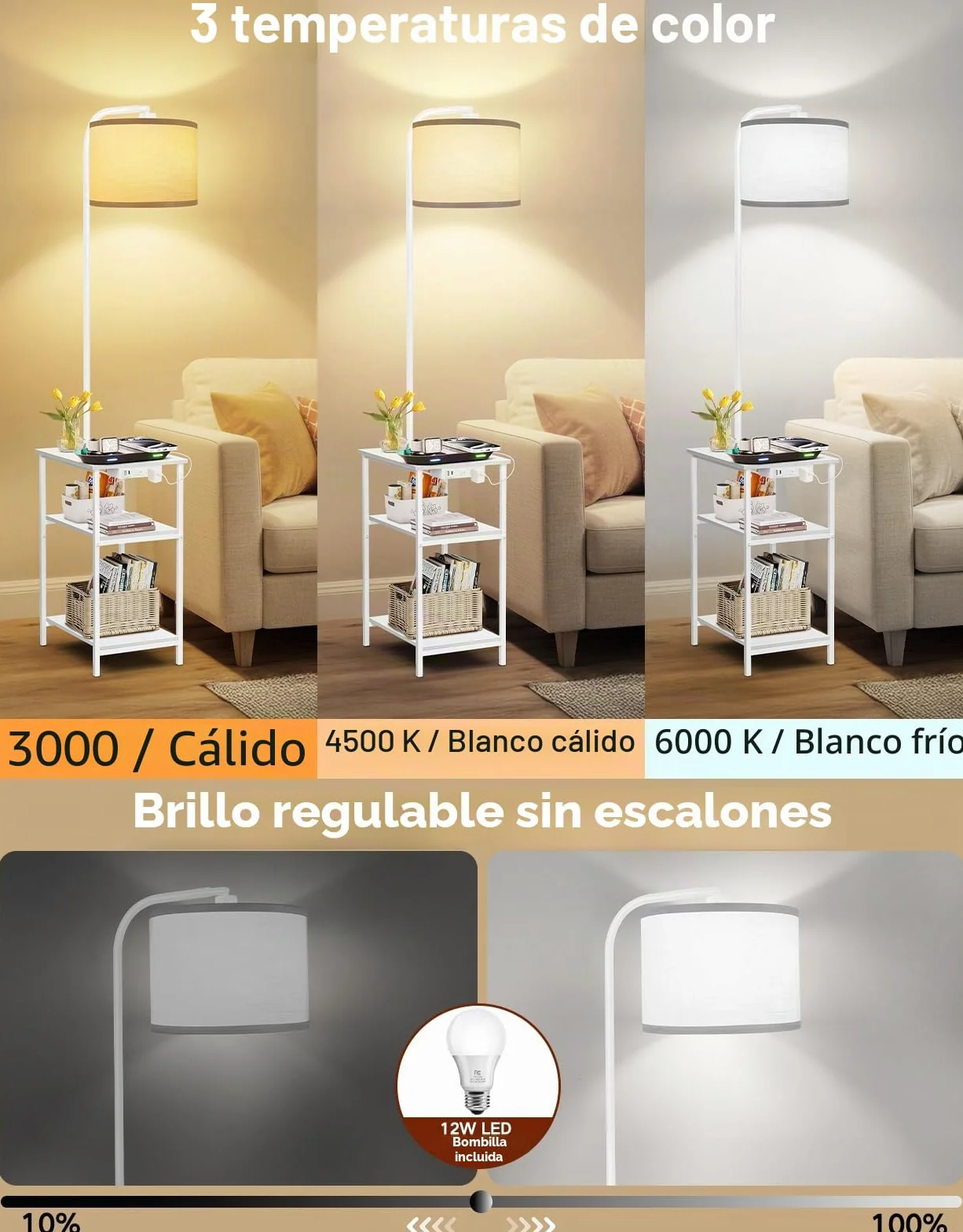 Lámpara de Pie LED Regulable con Mando, 3 Temperaturas, Mesa Auxiliar con Carga USB y Estante para Salón