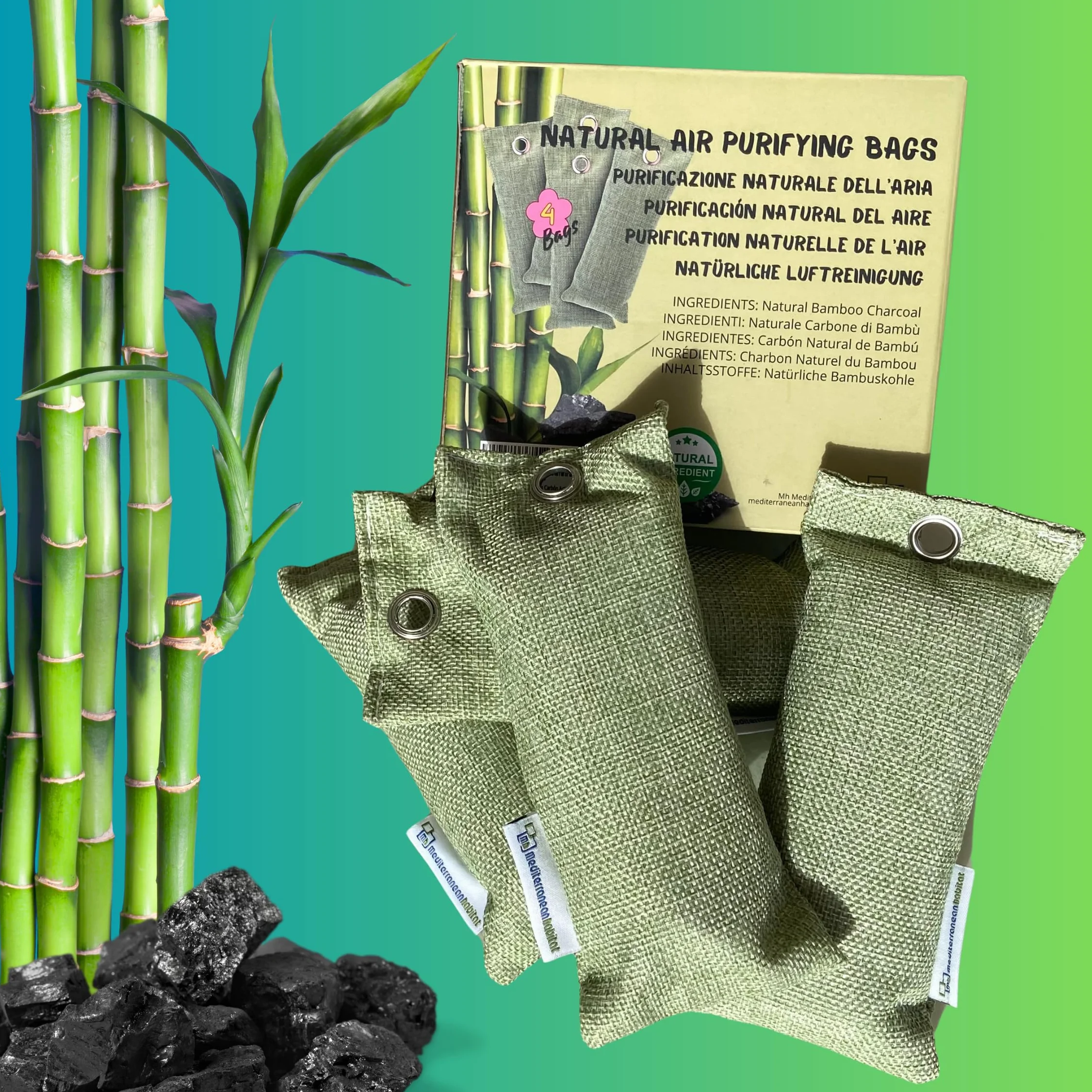 Saquitos Carbón Activo Bambú | Deshumidificador y Purificador de Aire | Neutralizador de Olores | Pack 4x75g